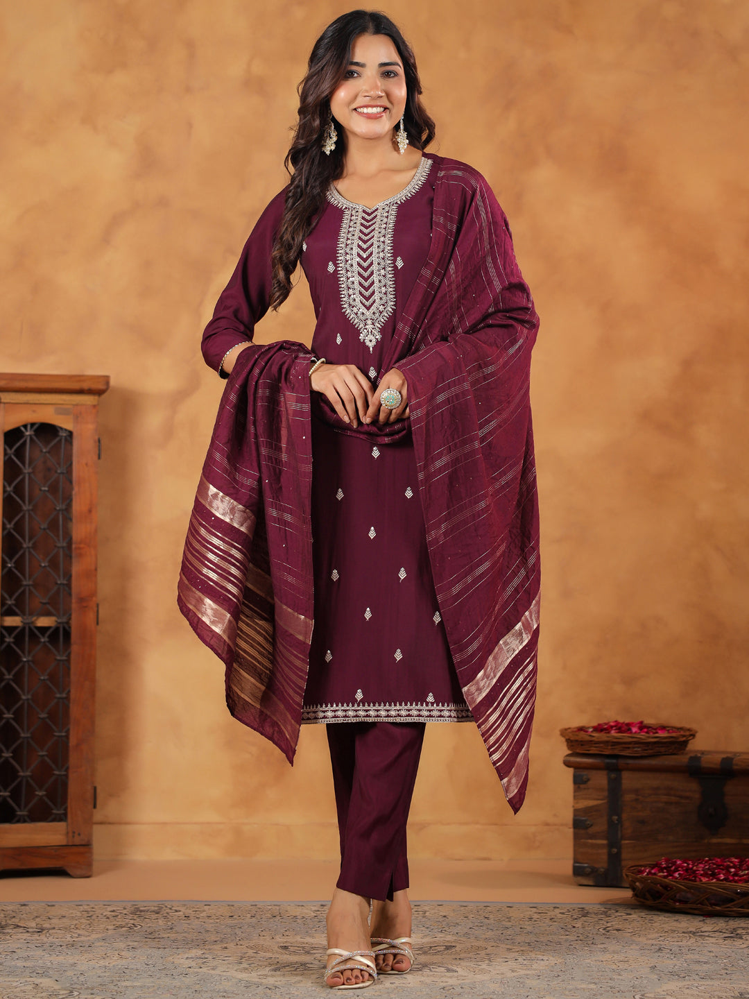 Wine Silk Blend Embroidered Straight Kurta Set