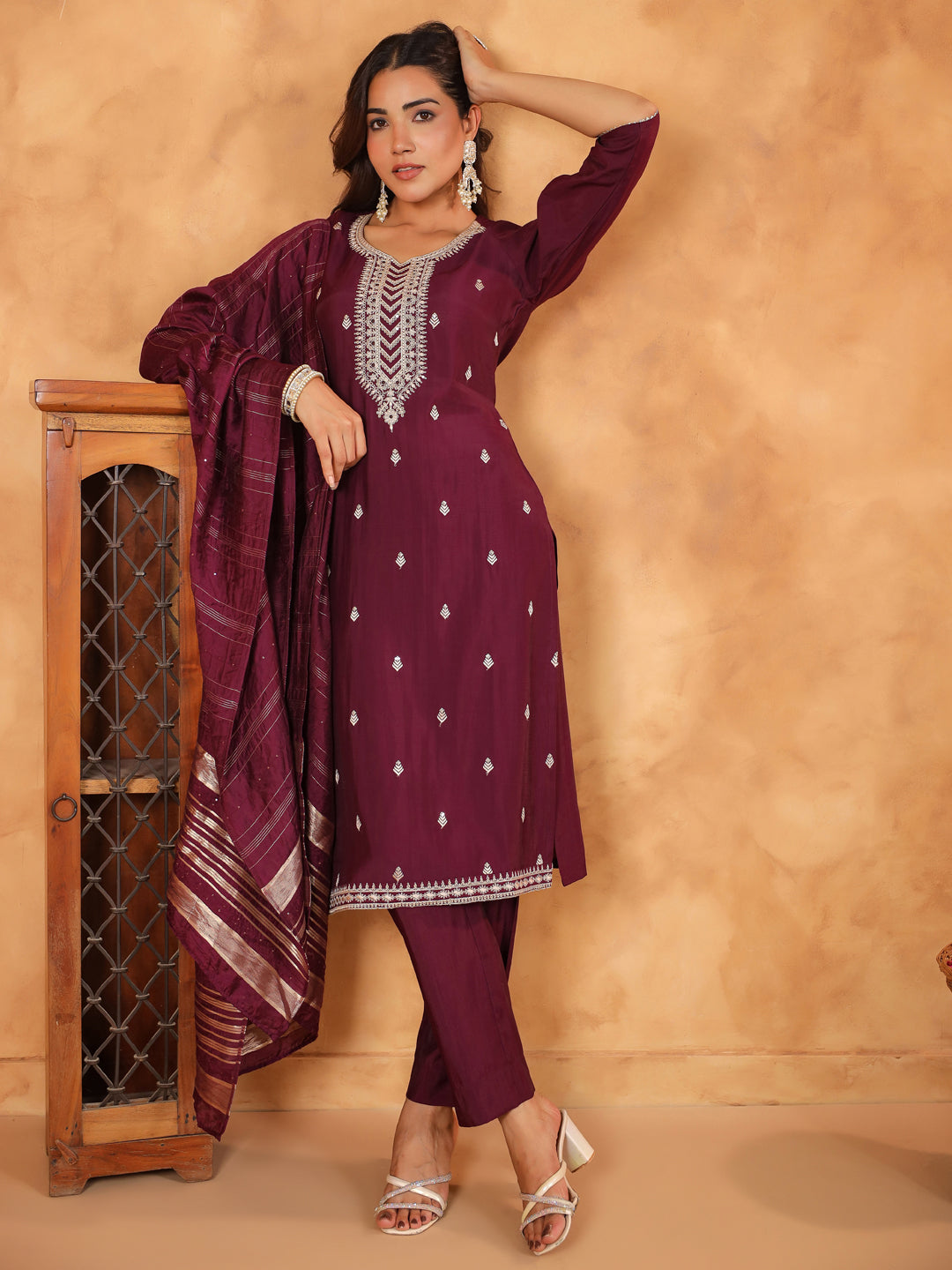 Wine Silk Blend Embroidered Straight Kurta Set