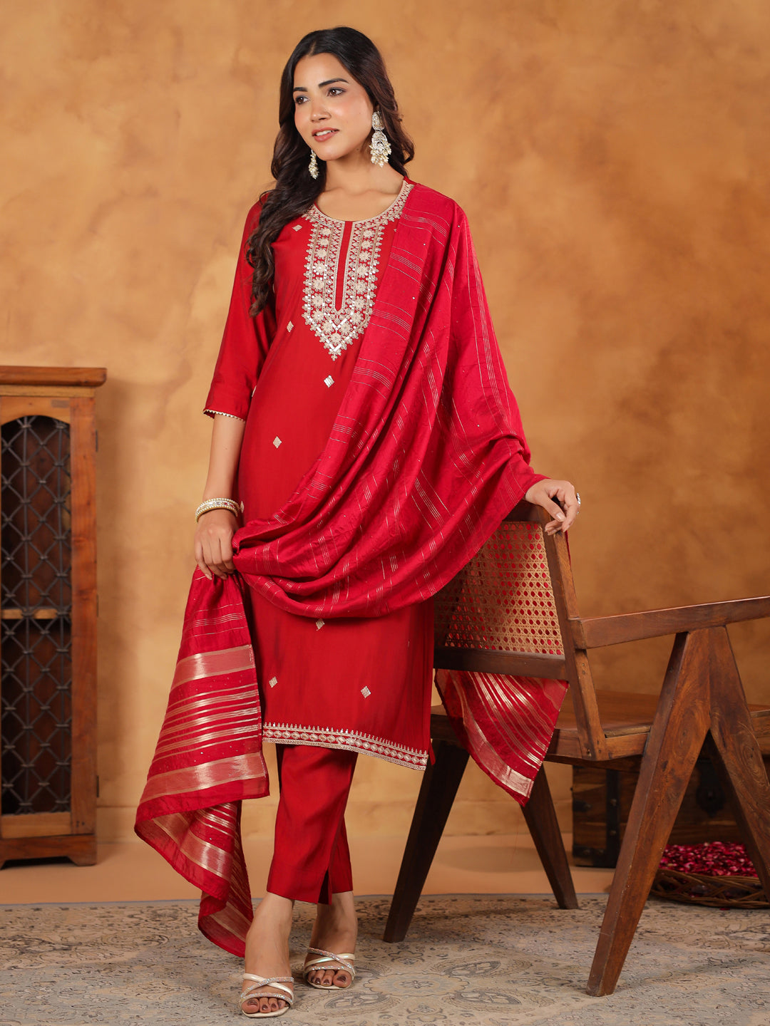 Maroon Silk Blend Embroidered Straight Kurta Set