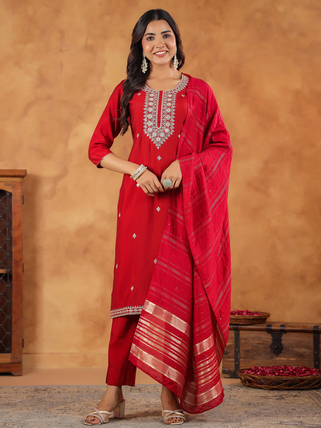 Maroon Silk Blend Embroidered Straight Kurta Set