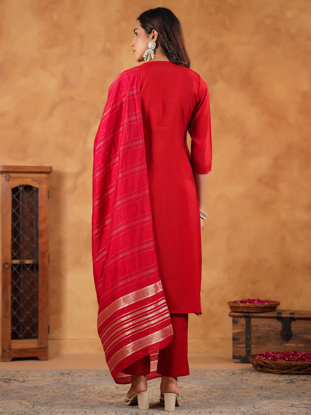 Maroon Silk Blend Embroidered Straight Kurta Set