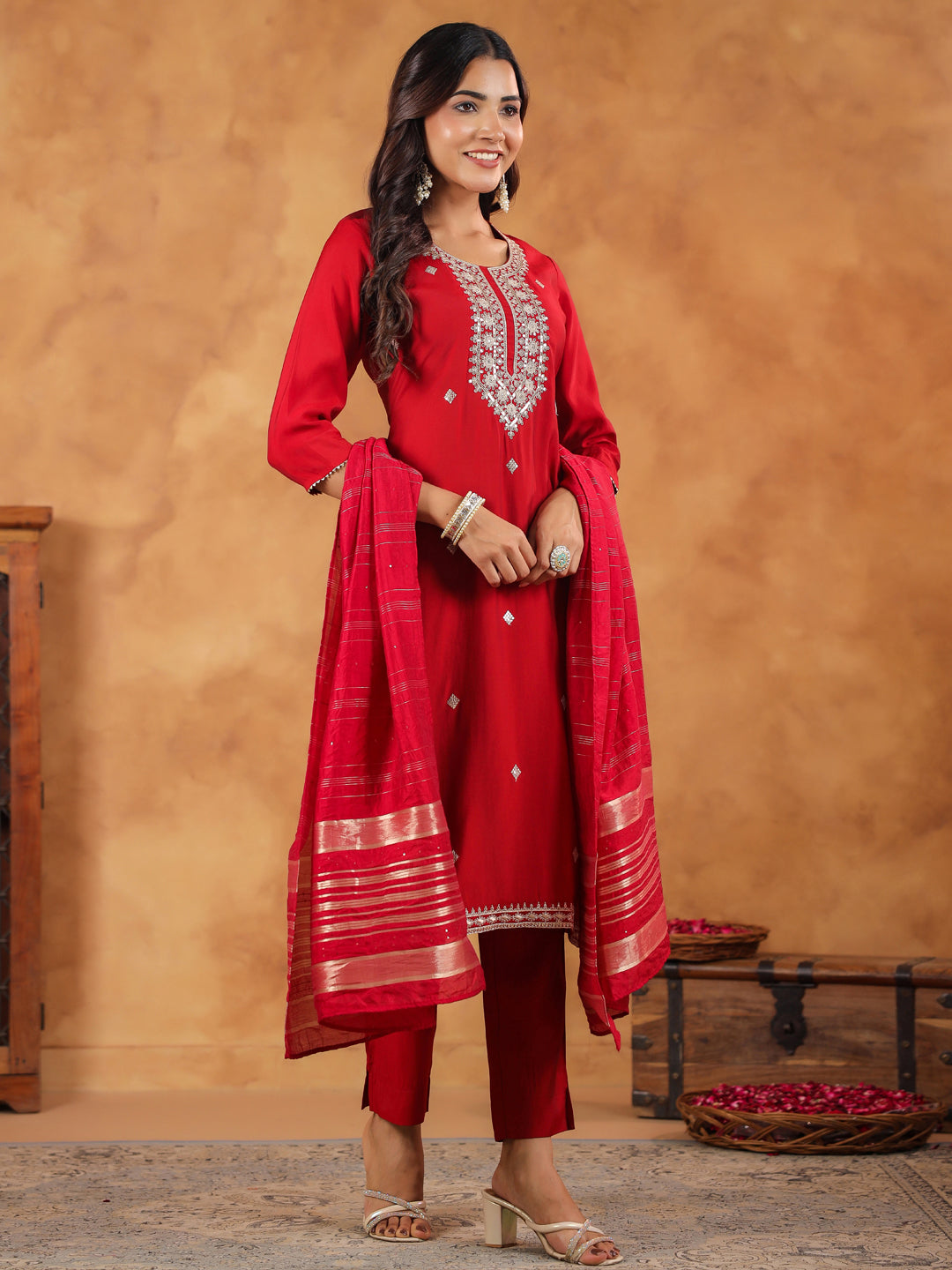 Maroon Silk Blend Embroidered Straight Kurta Set