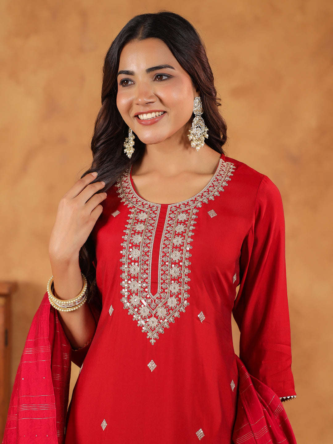 Maroon Silk Blend Embroidered Straight Kurta Set