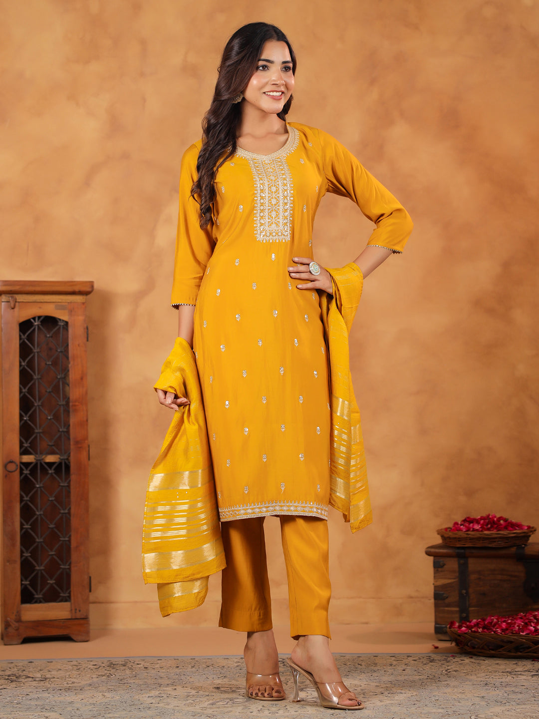 Mustard Silk Blend Embroidered Straight Kurta Set