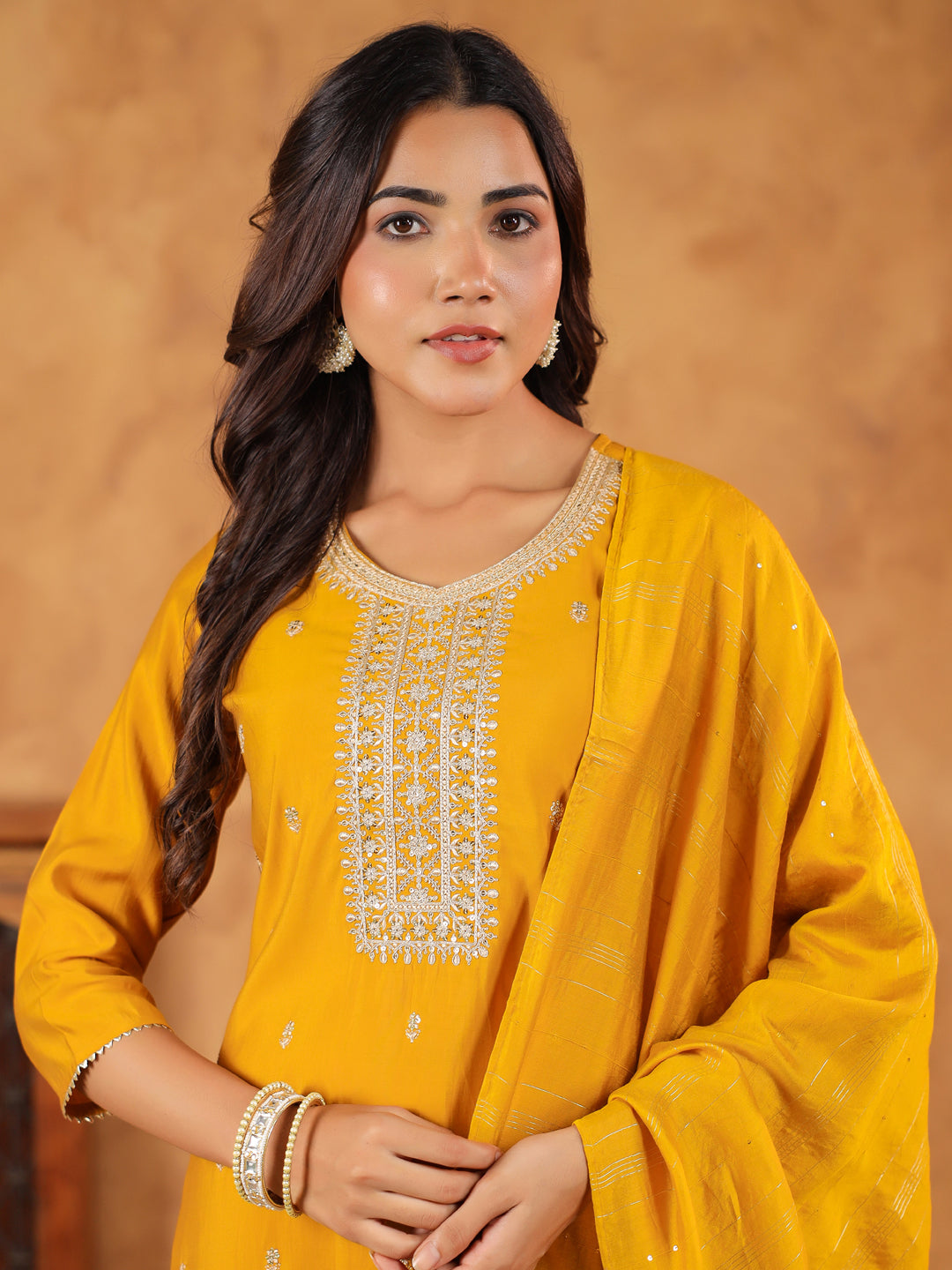 Mustard Silk Blend Embroidered Straight Kurta Set