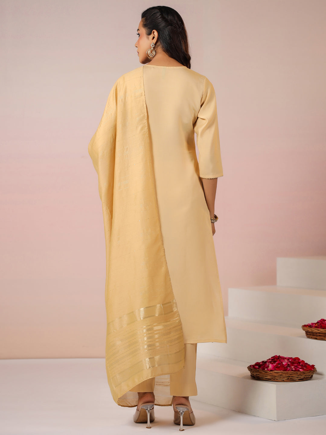 Beige Silk Blend Embroidered Straight Kurta Set