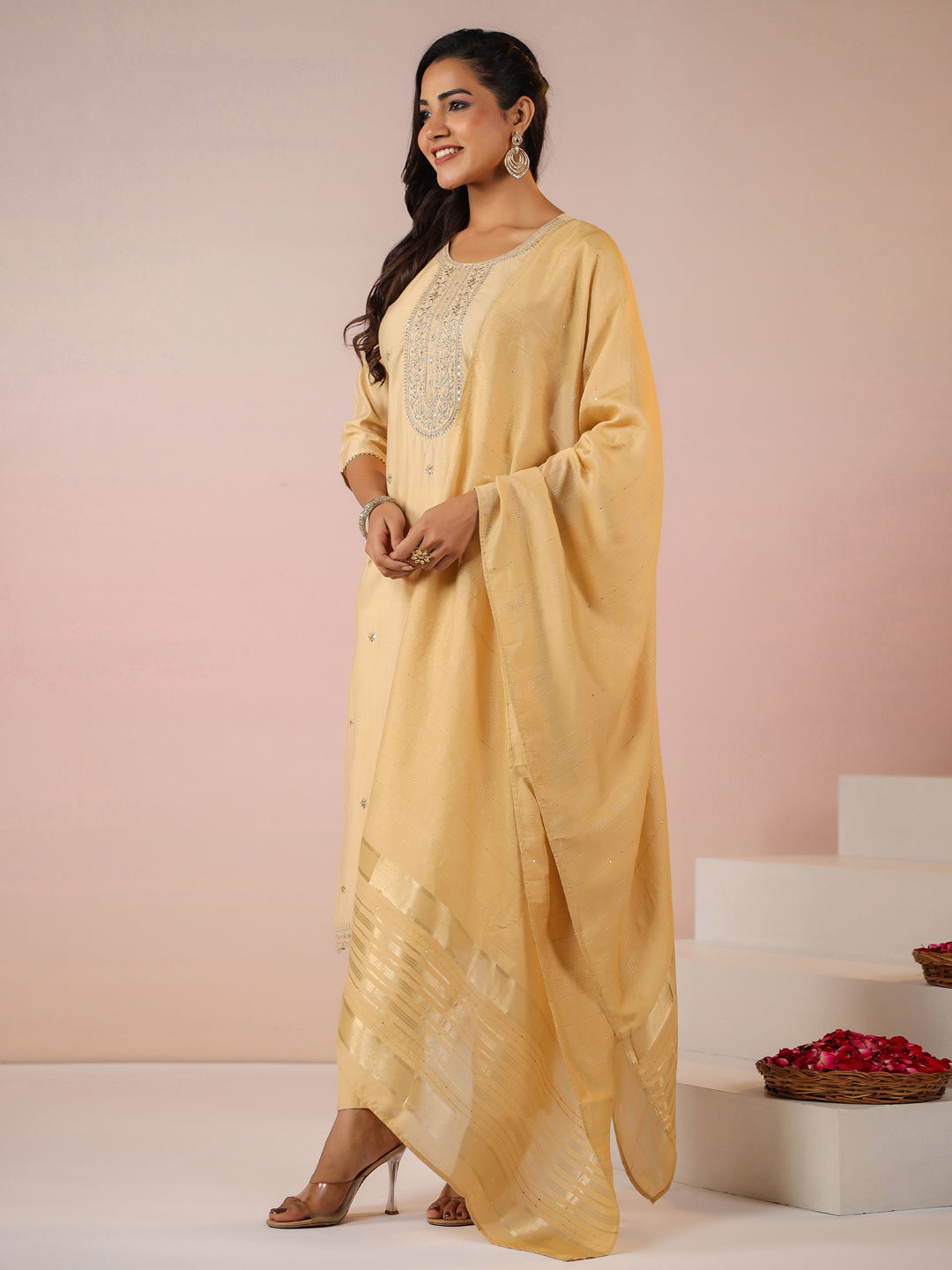 Beige Silk Blend Embroidered Straight Kurta Set