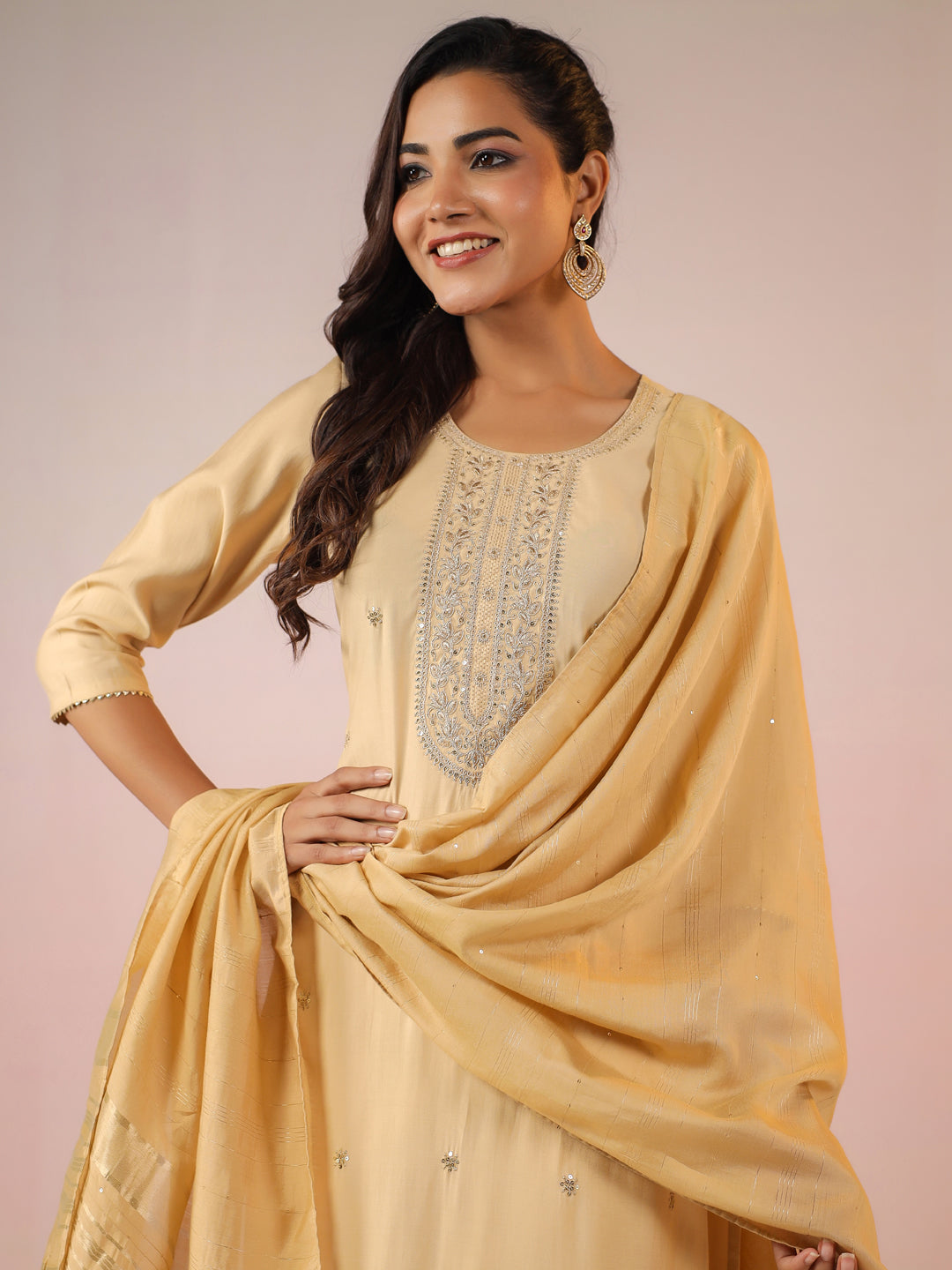 Beige Silk Blend Embroidered Straight Kurta Set