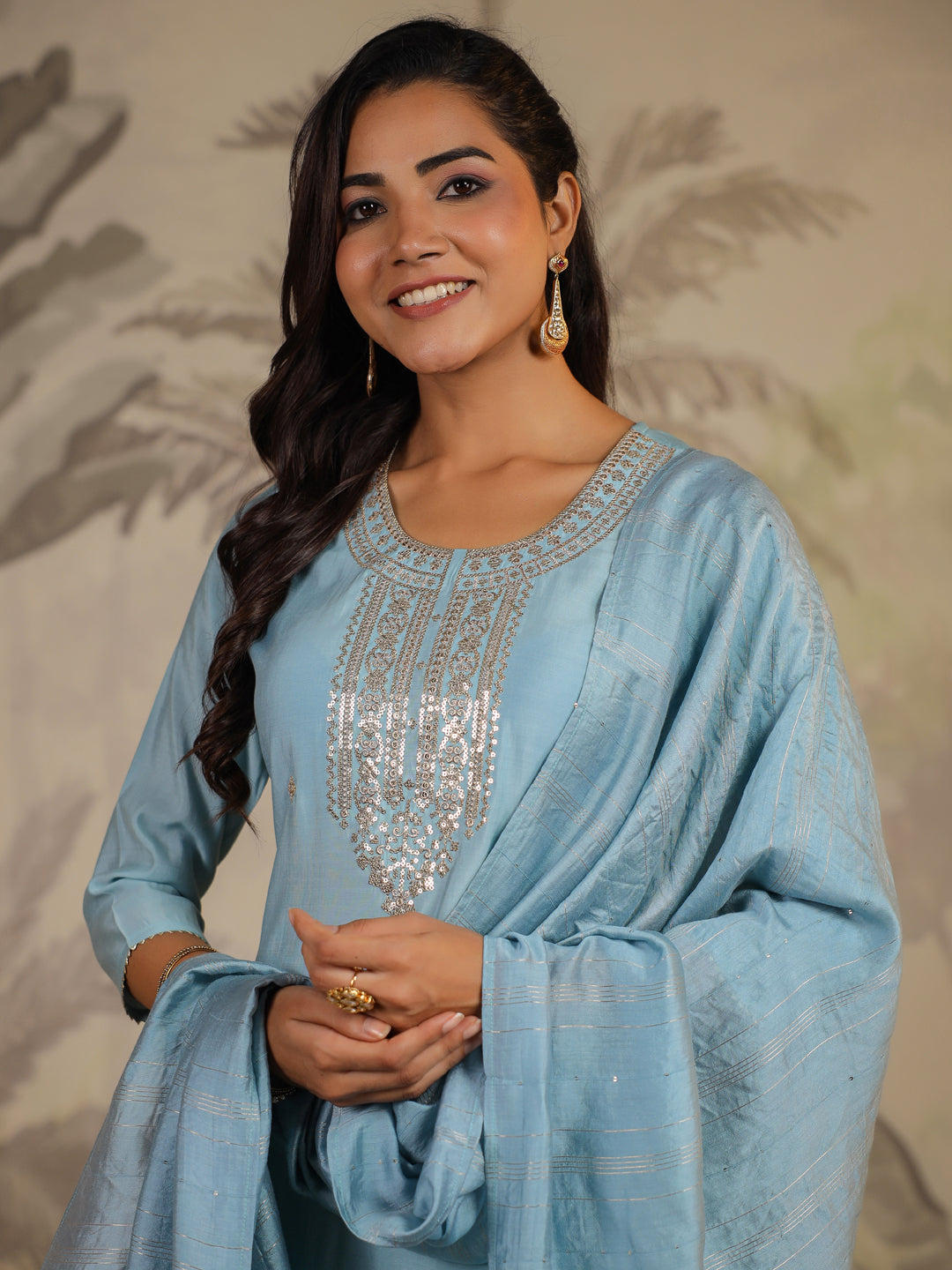 Light Blue Silk Blend Embroidered Straight Kurta Set