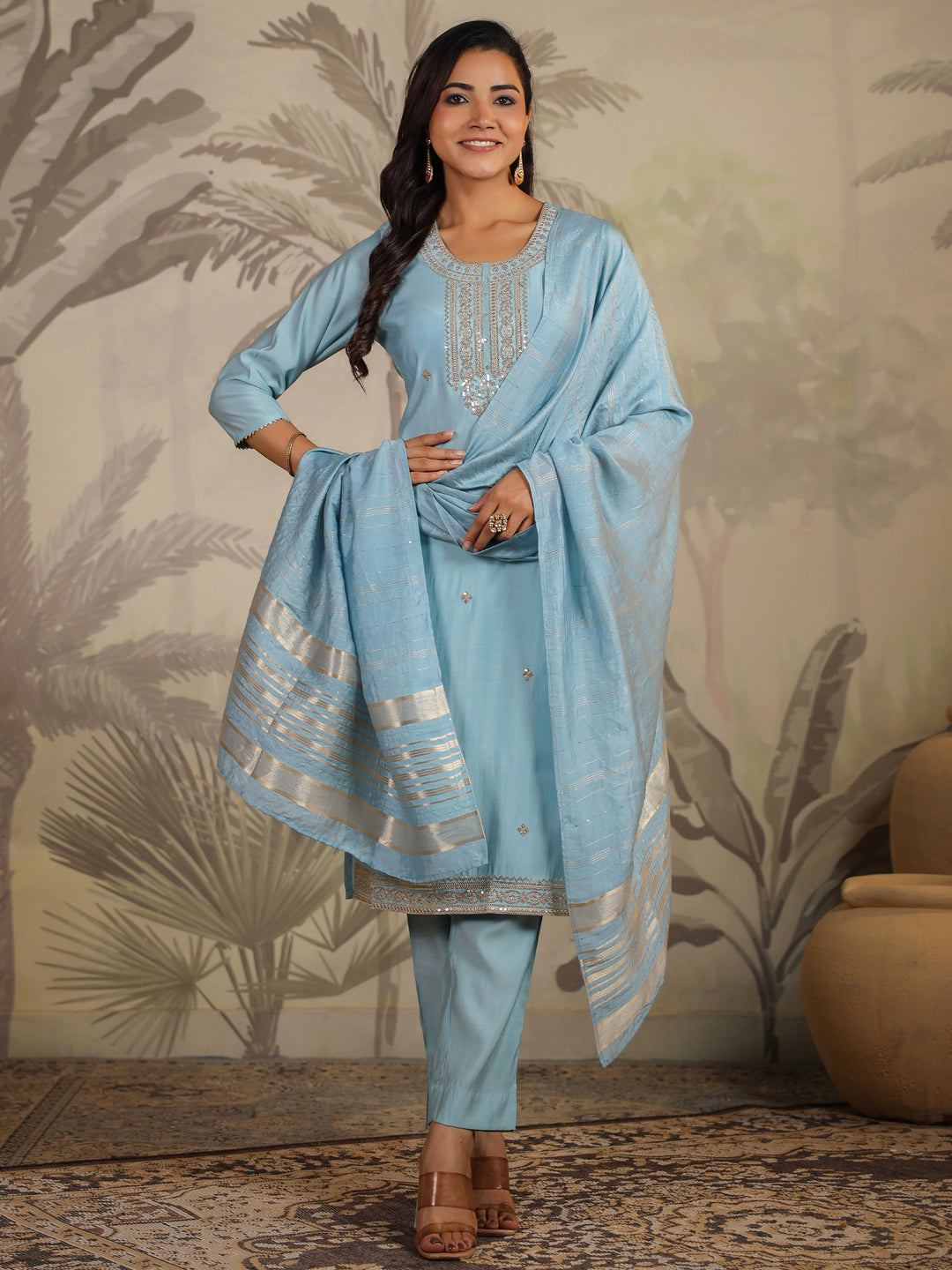 Light Blue Silk Blend Embroidered Straight Kurta Set