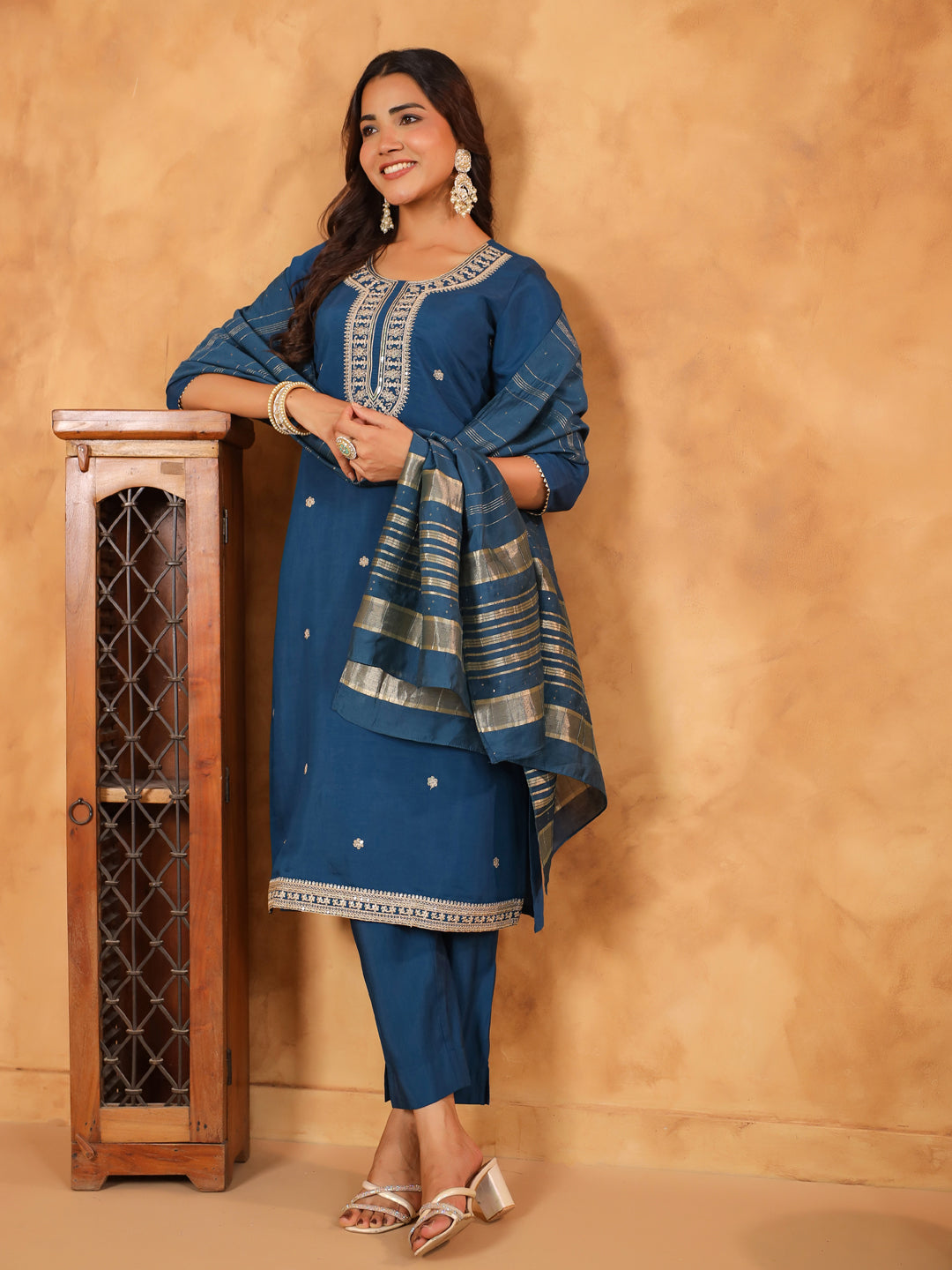 Teal Blue Silk Blend Embroidered Straight Kurta Set