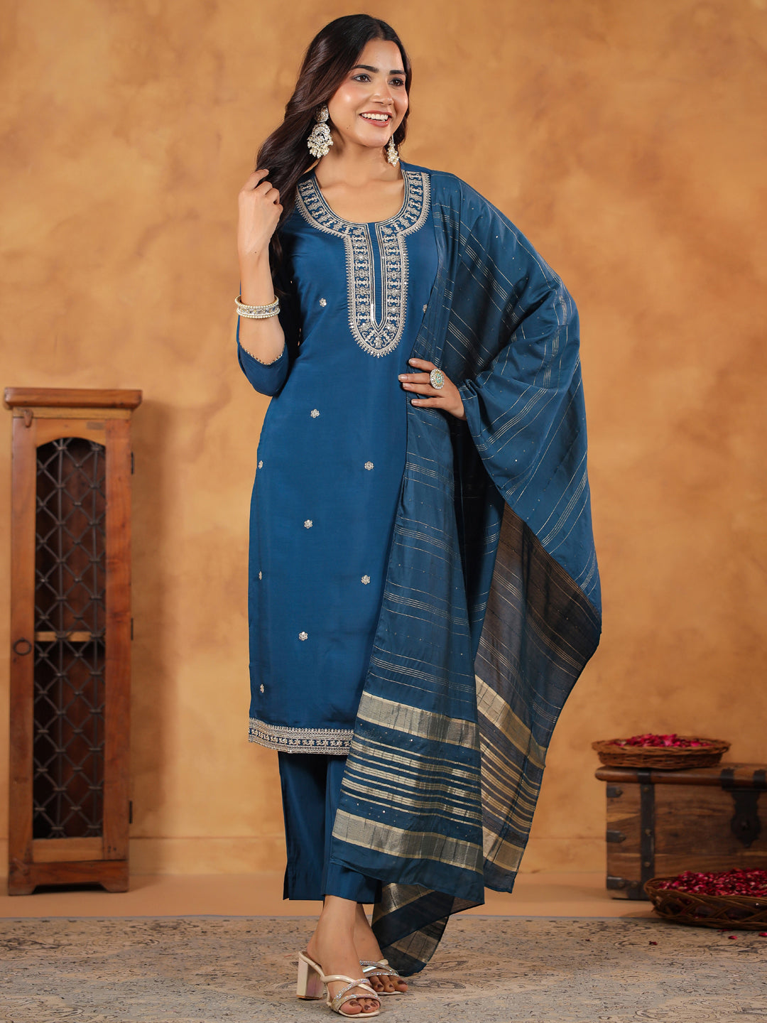 Teal Blue Silk Blend Embroidered Straight Kurta Set