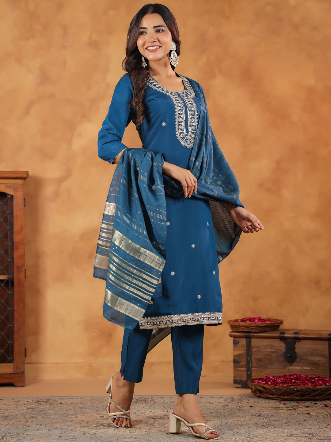 Teal Blue Silk Blend Embroidered Straight Kurta Set