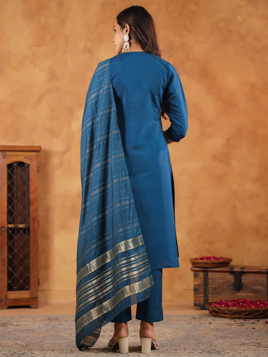 Teal Blue Silk Blend Embroidered Straight Kurta Set