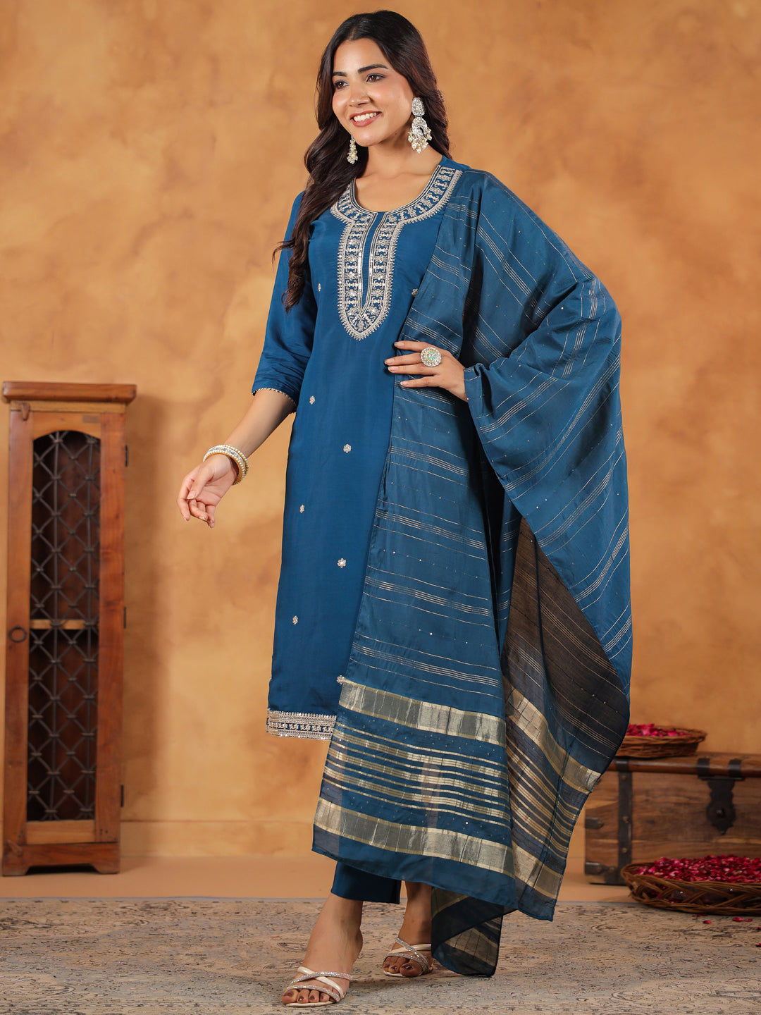 Teal Blue Silk Blend Embroidered Straight Kurta Set