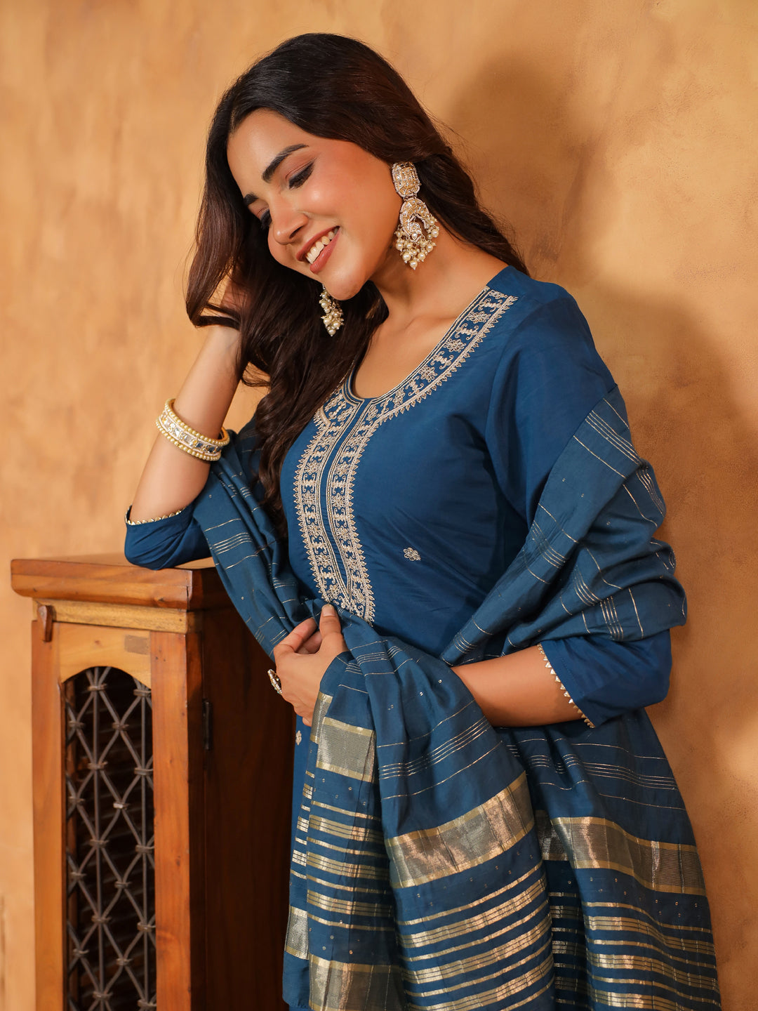 Teal Blue Silk Blend Embroidered Straight Kurta Set