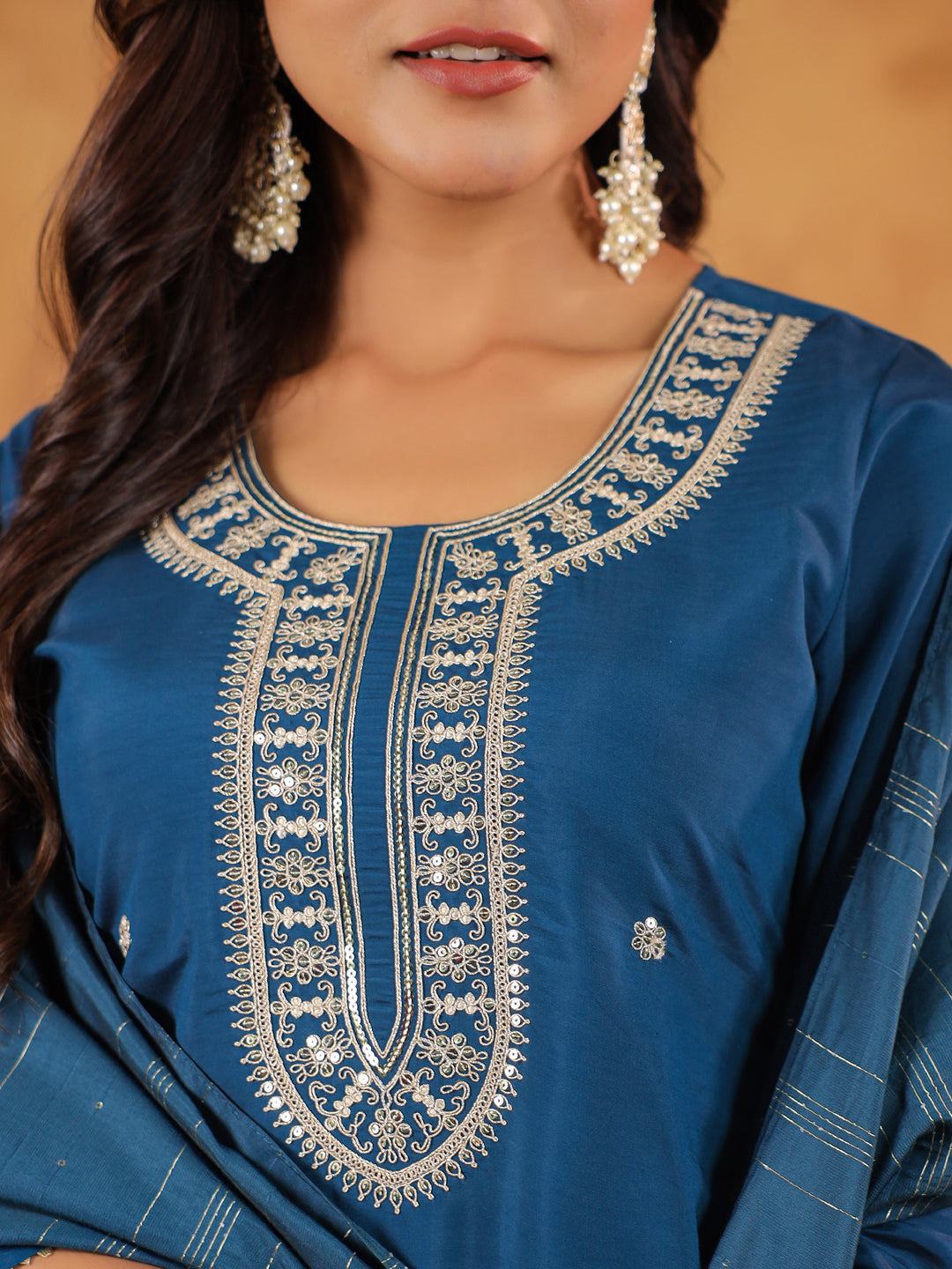 Teal Blue Silk Blend Embroidered Straight Kurta Set