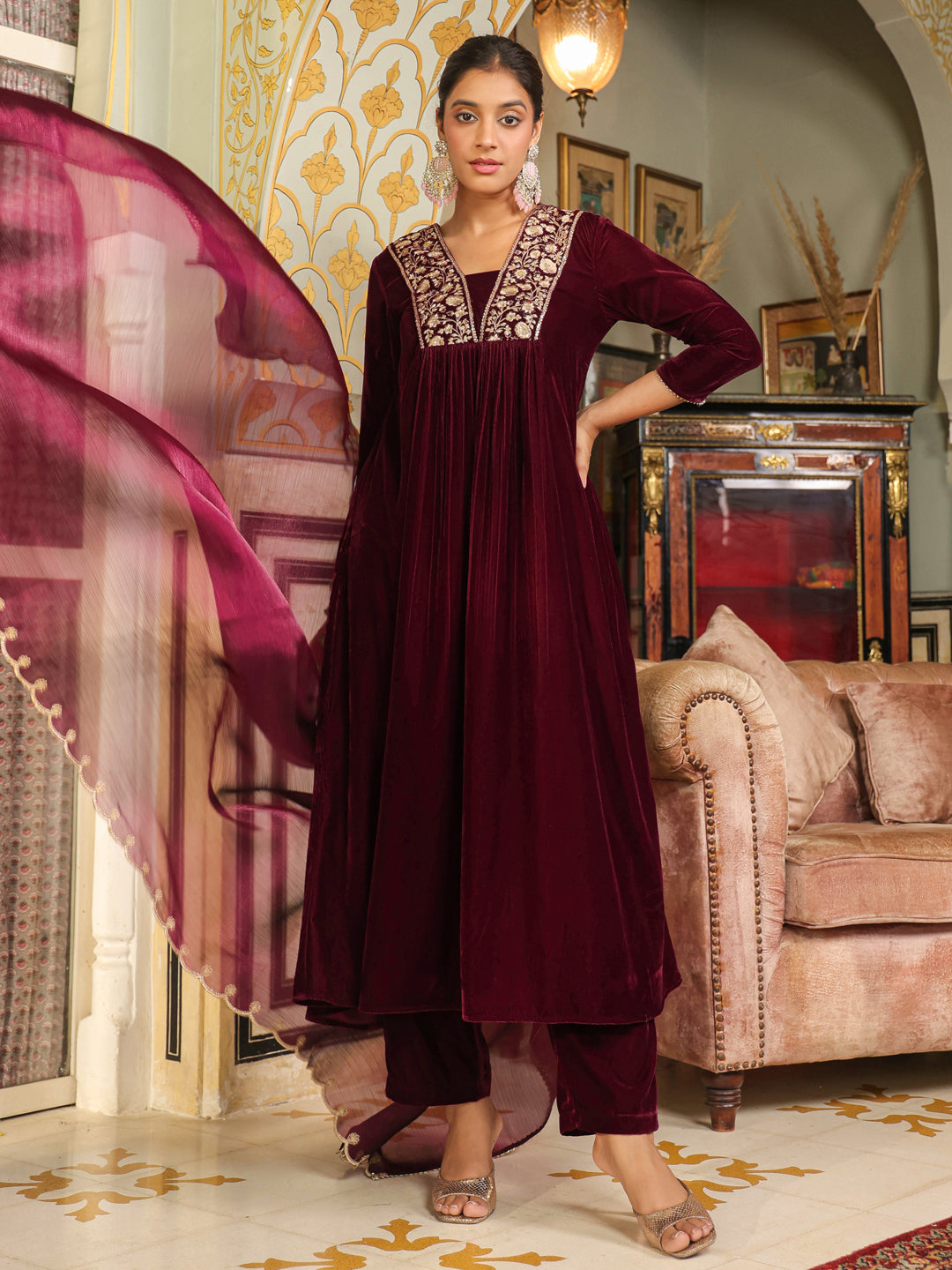 Wine Velvet Zari Embroidered A-Line Kurta Set