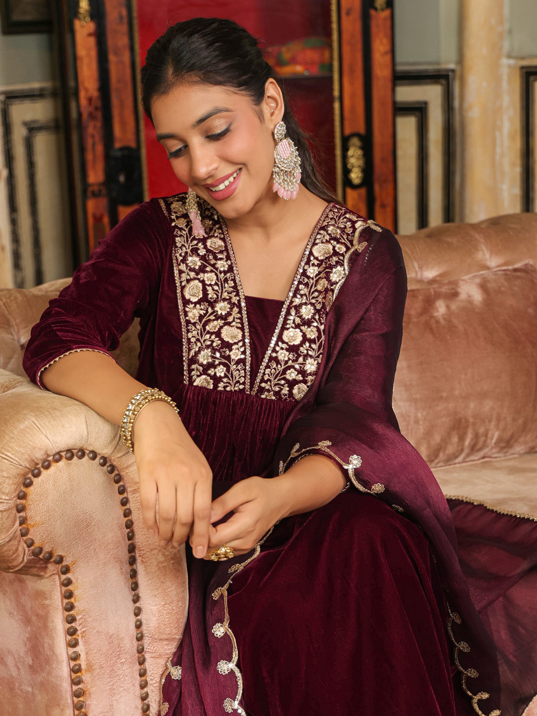 Wine Velvet Zari Embroidered A-Line Kurta Set