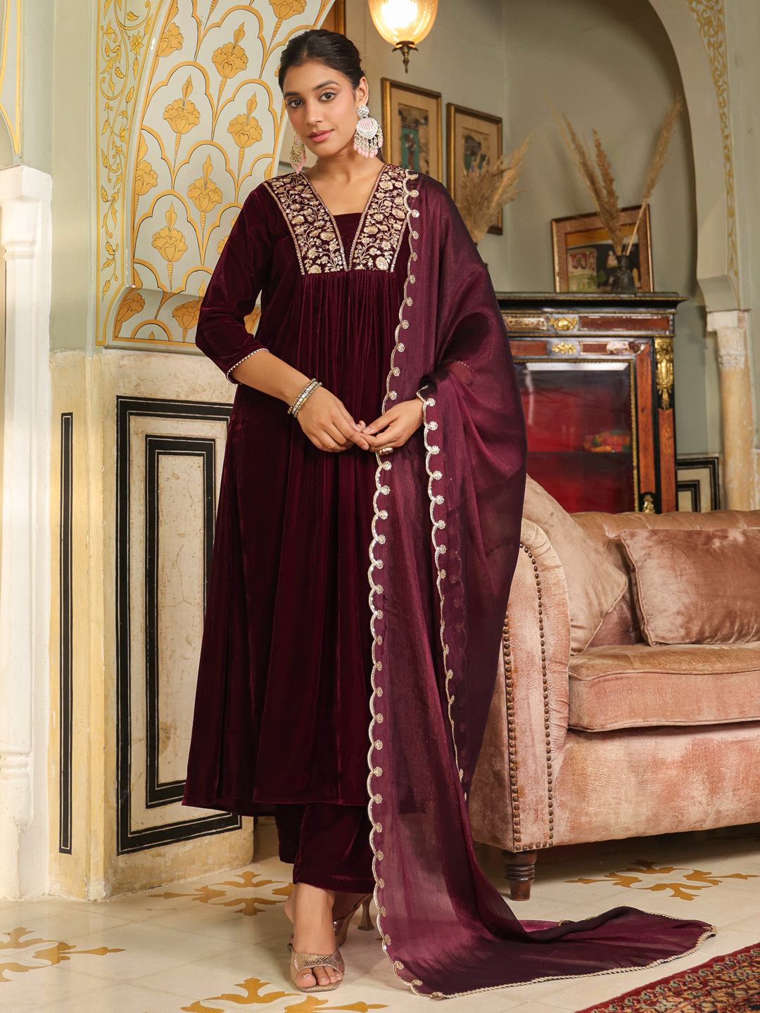 Wine Velvet Zari Embroidered A-Line Kurta Set