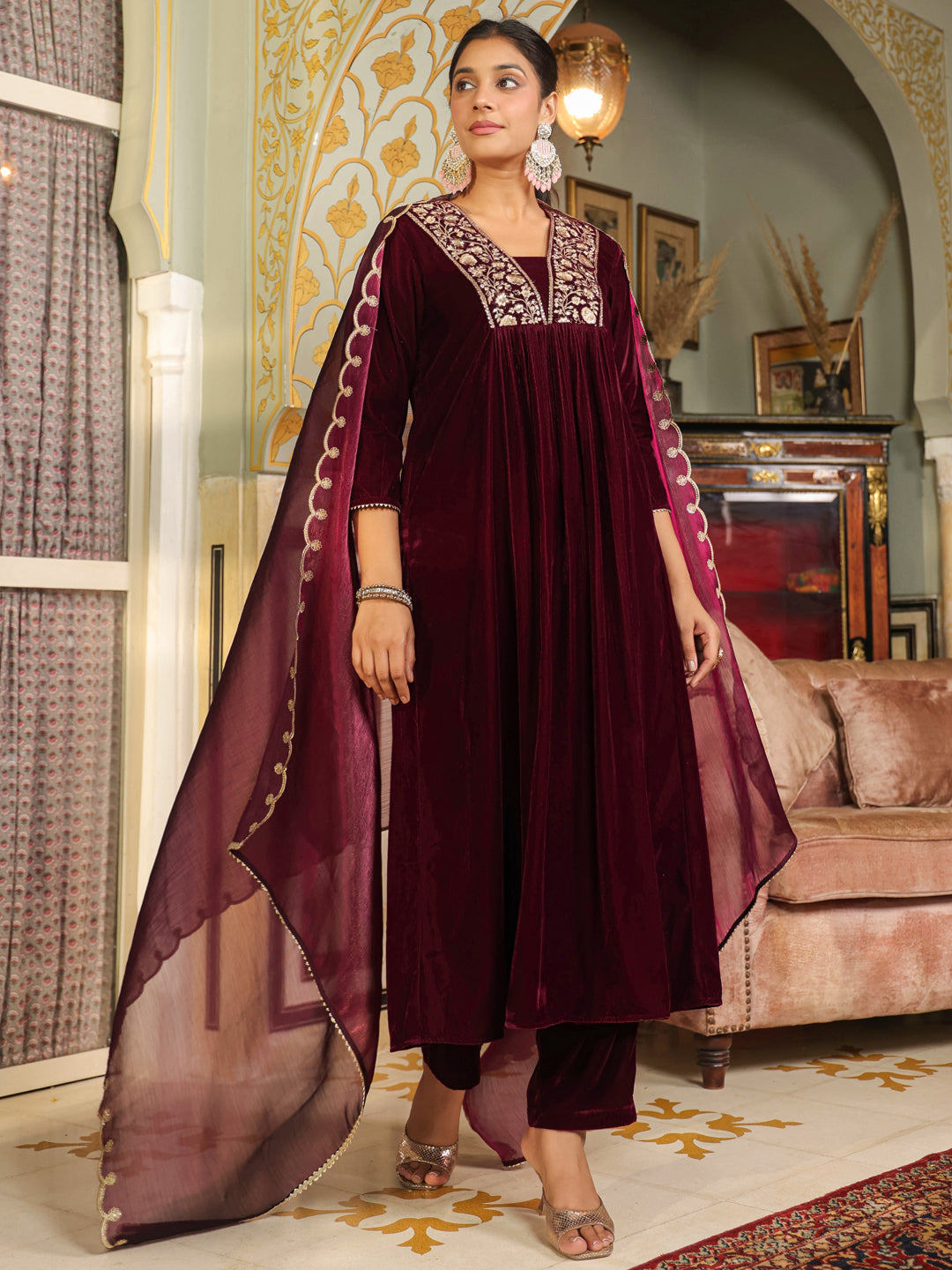 Wine Velvet Zari Embroidered A-Line Kurta Set