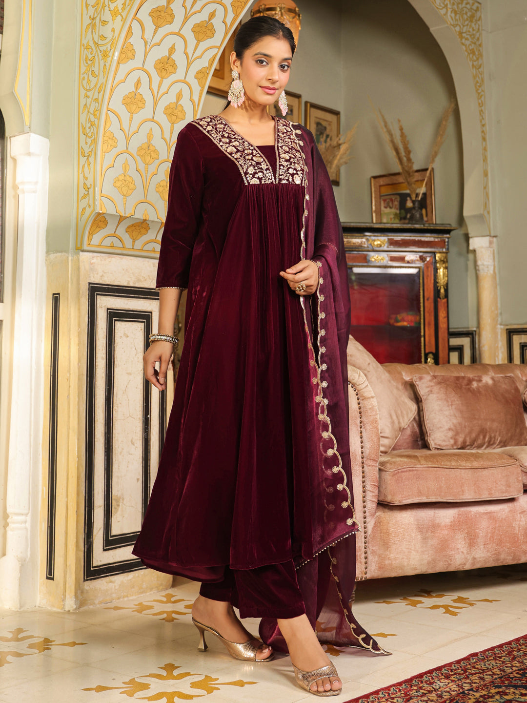 Wine Velvet Zari Embroidered A-Line Kurta Set