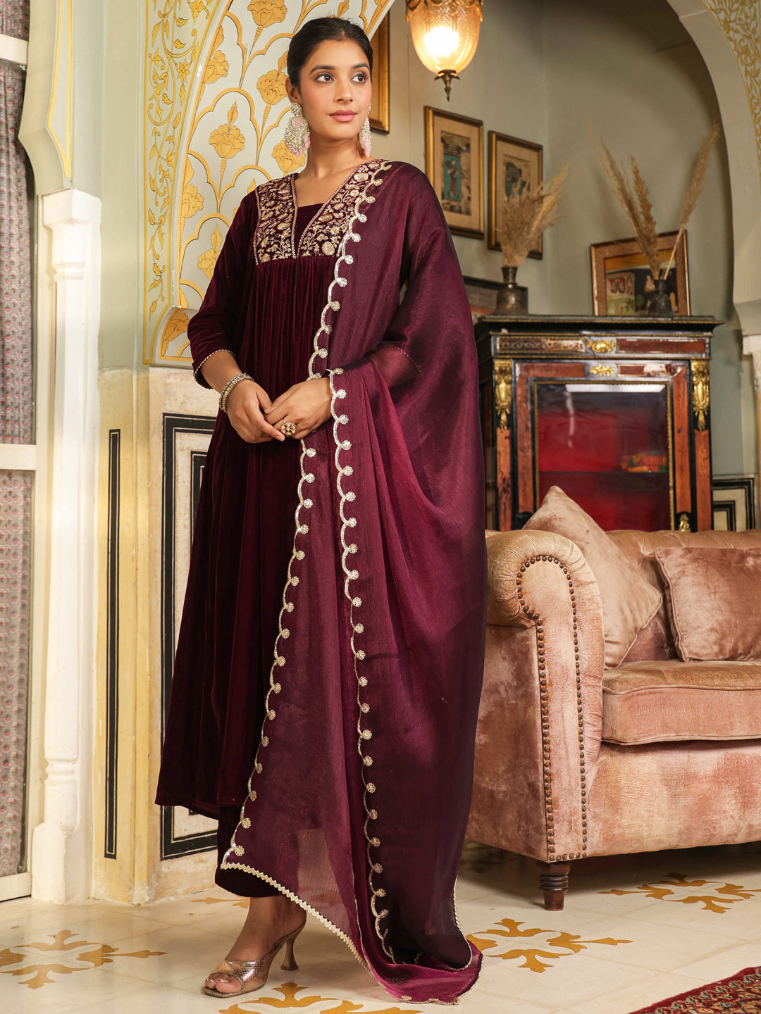 Wine Velvet Zari Embroidered A-Line Kurta Set