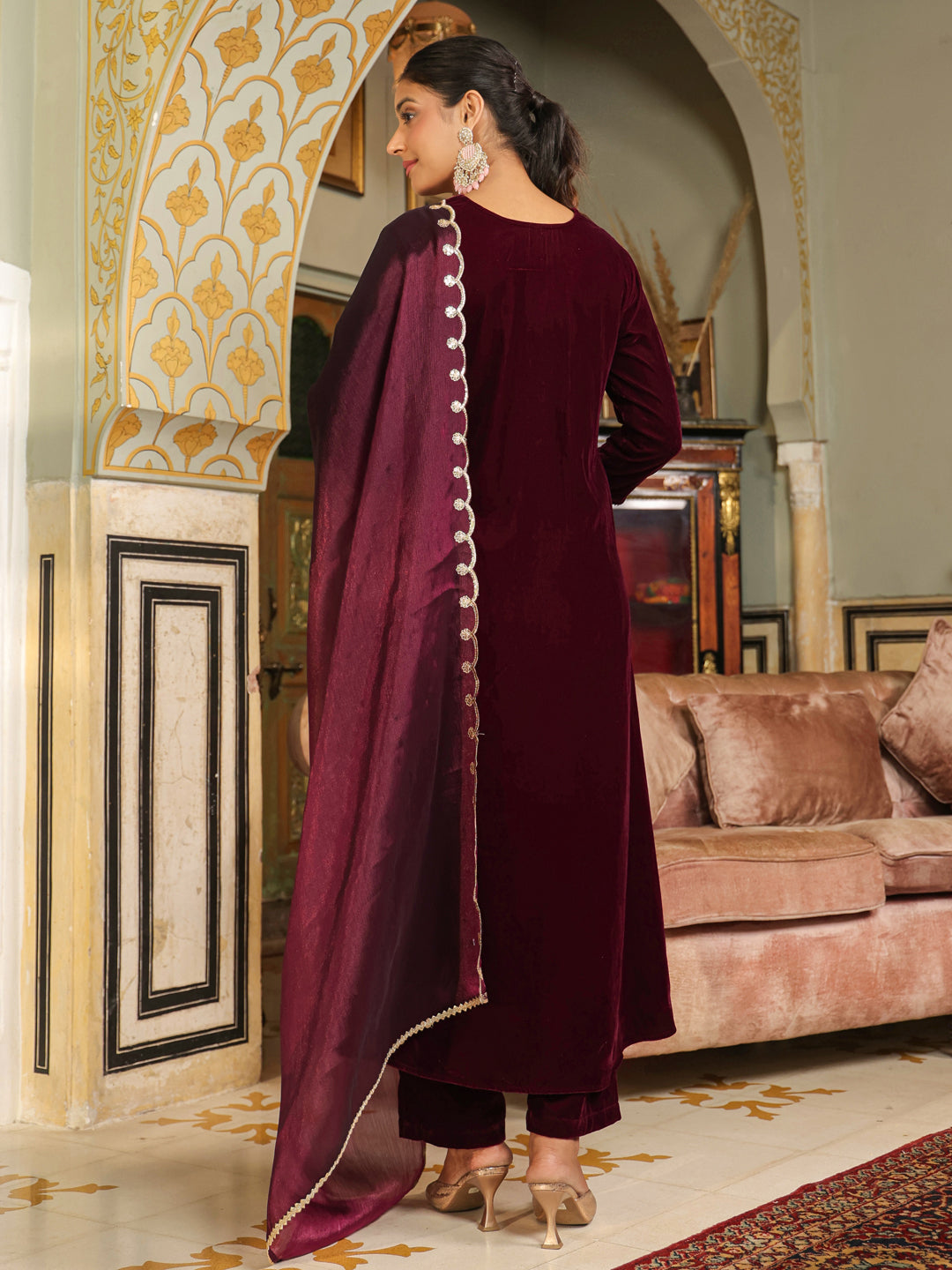 Wine Velvet Zari Embroidered A-Line Kurta Set