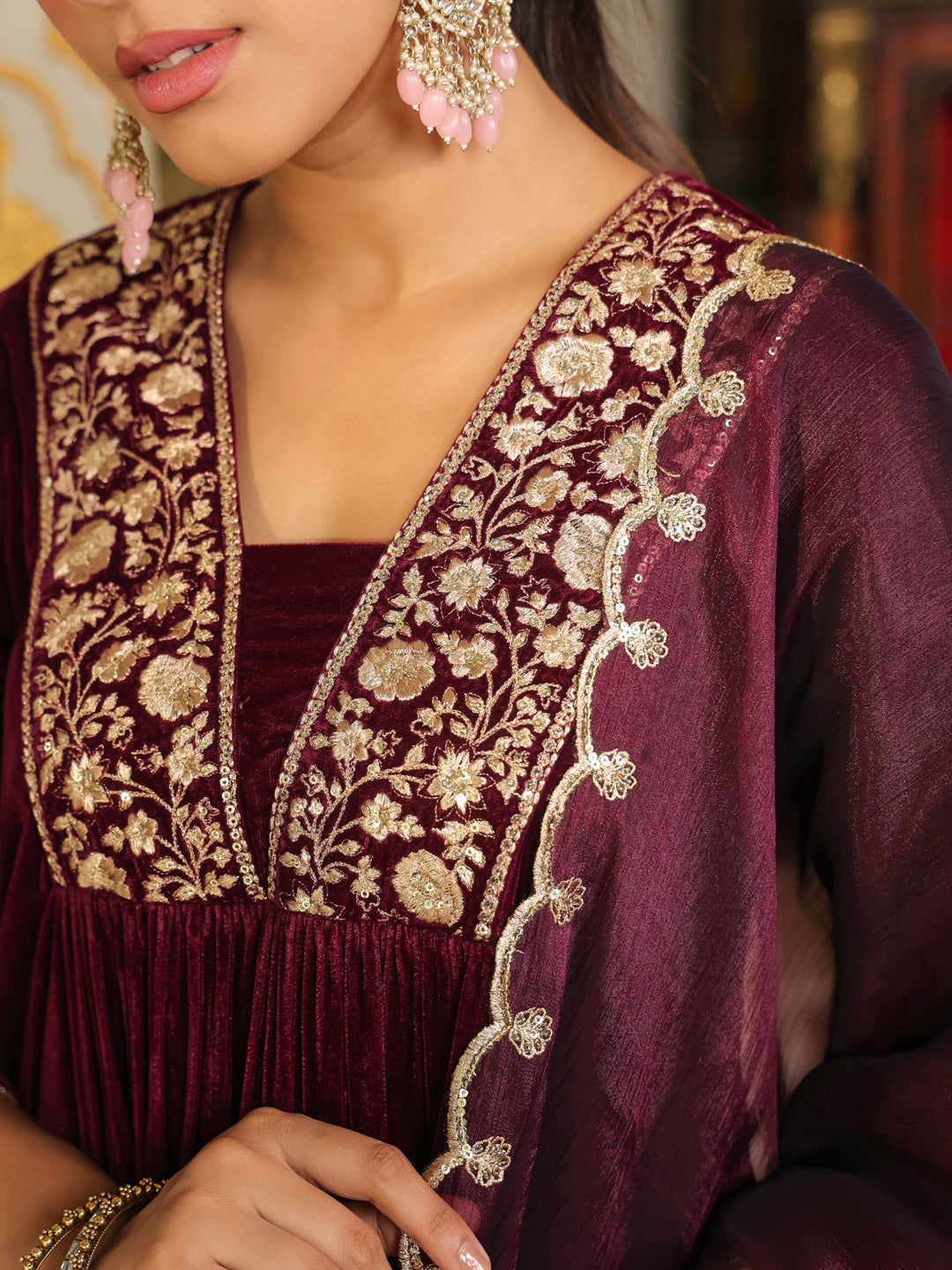 Wine Velvet Zari Embroidered A-Line Kurta Set