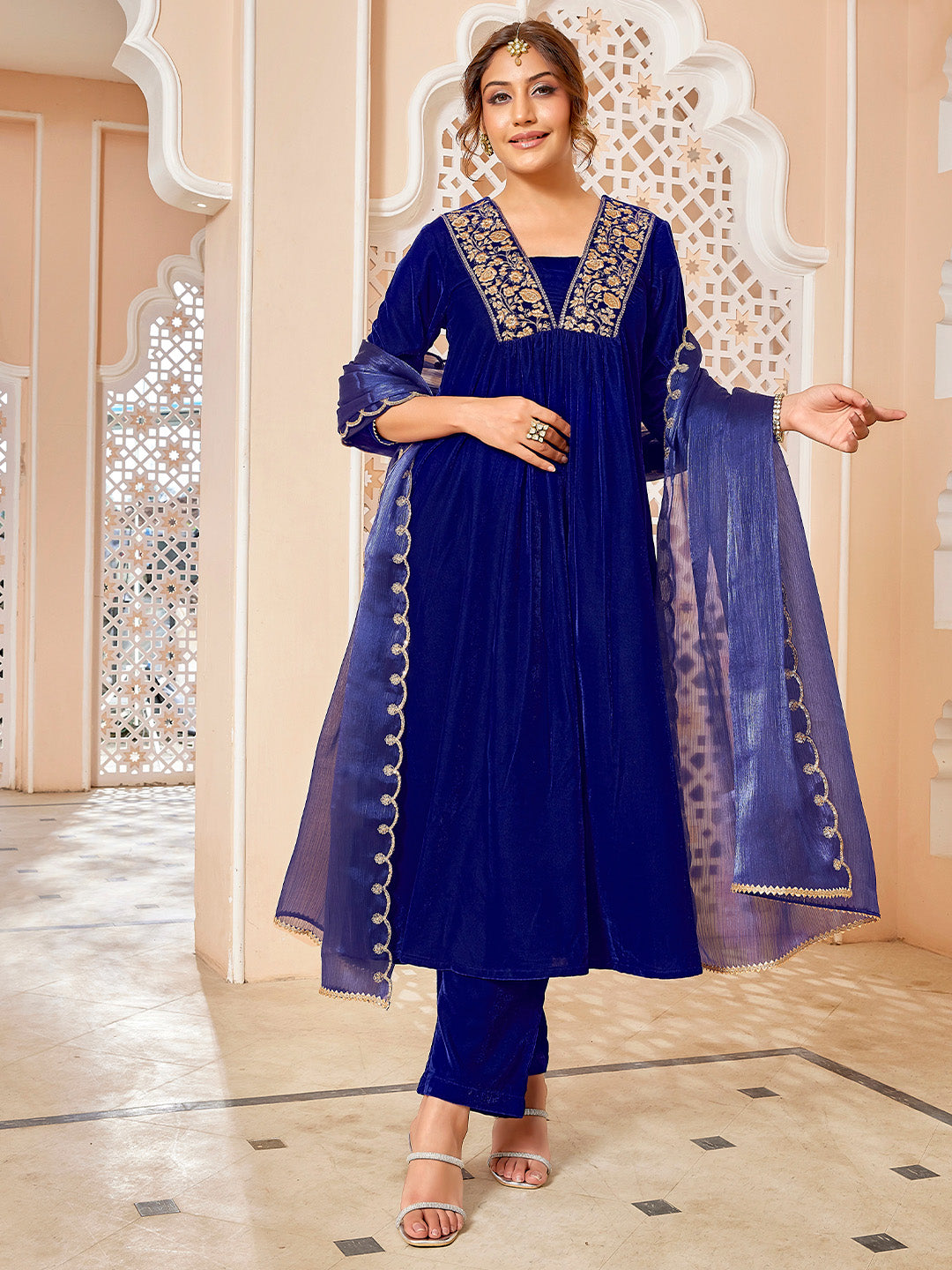 Royal Blue Velvet Zari Embroidered A-Line Kurta with Pant & Dupatta Set