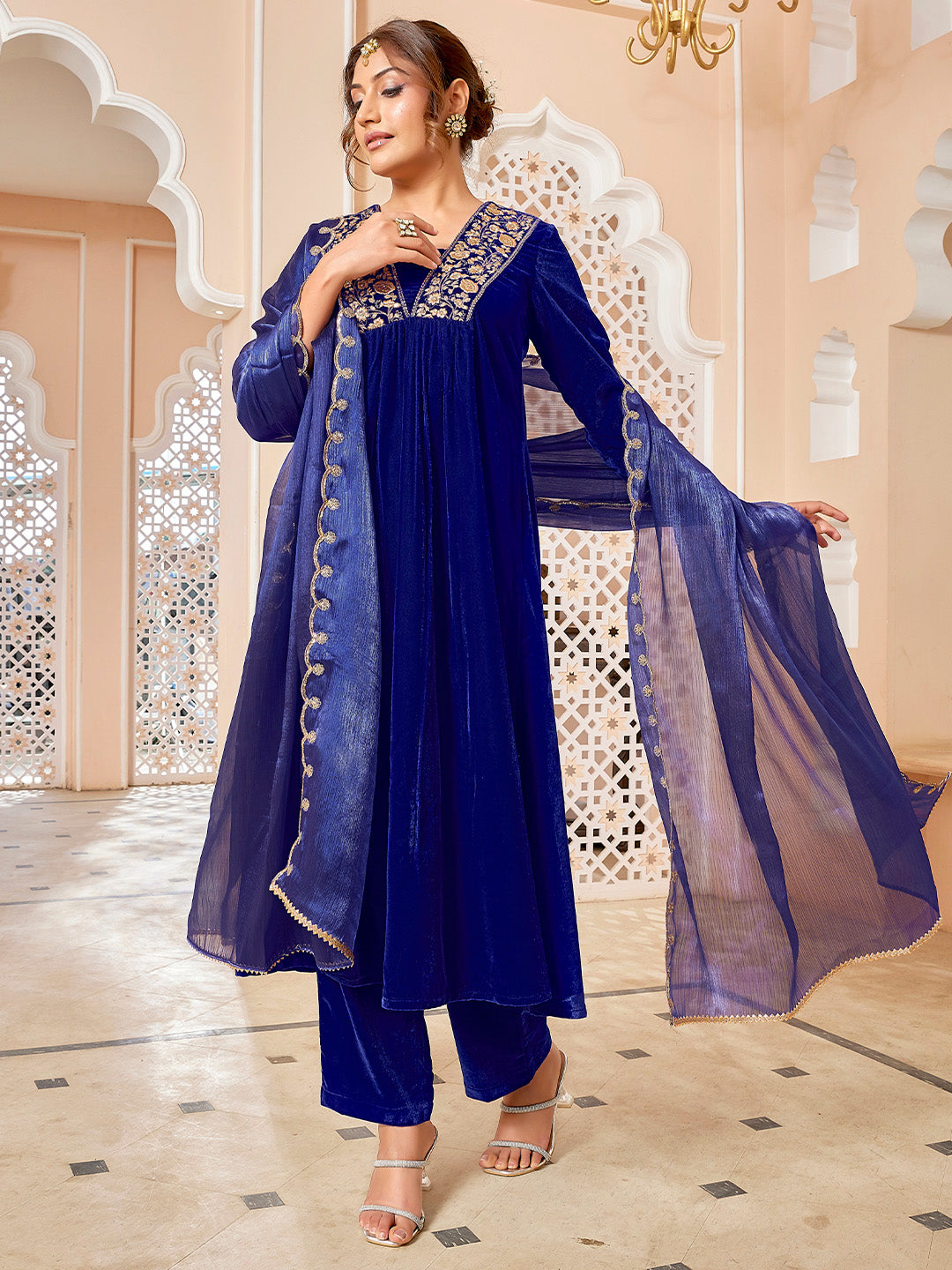 Royal Blue Velvet Zari Embroidered A-Line Kurta with Pant & Dupatta Set