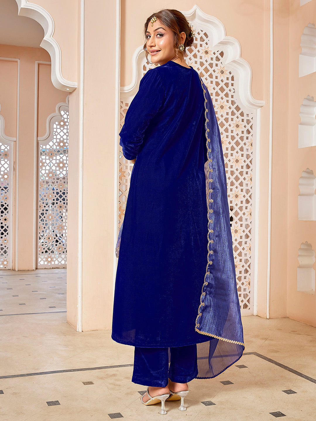 Royal Blue Velvet Zari Embroidered A-Line Kurta with Pant & Dupatta Set