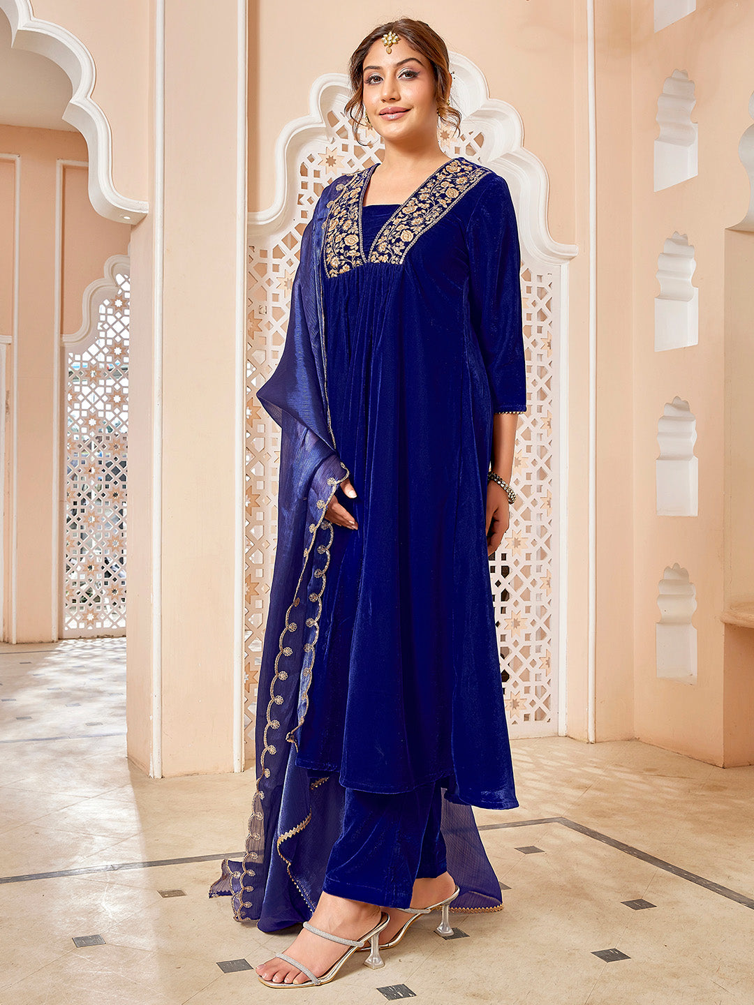 Royal Blue Velvet Zari Embroidered A-Line Kurta with Pant & Dupatta Set