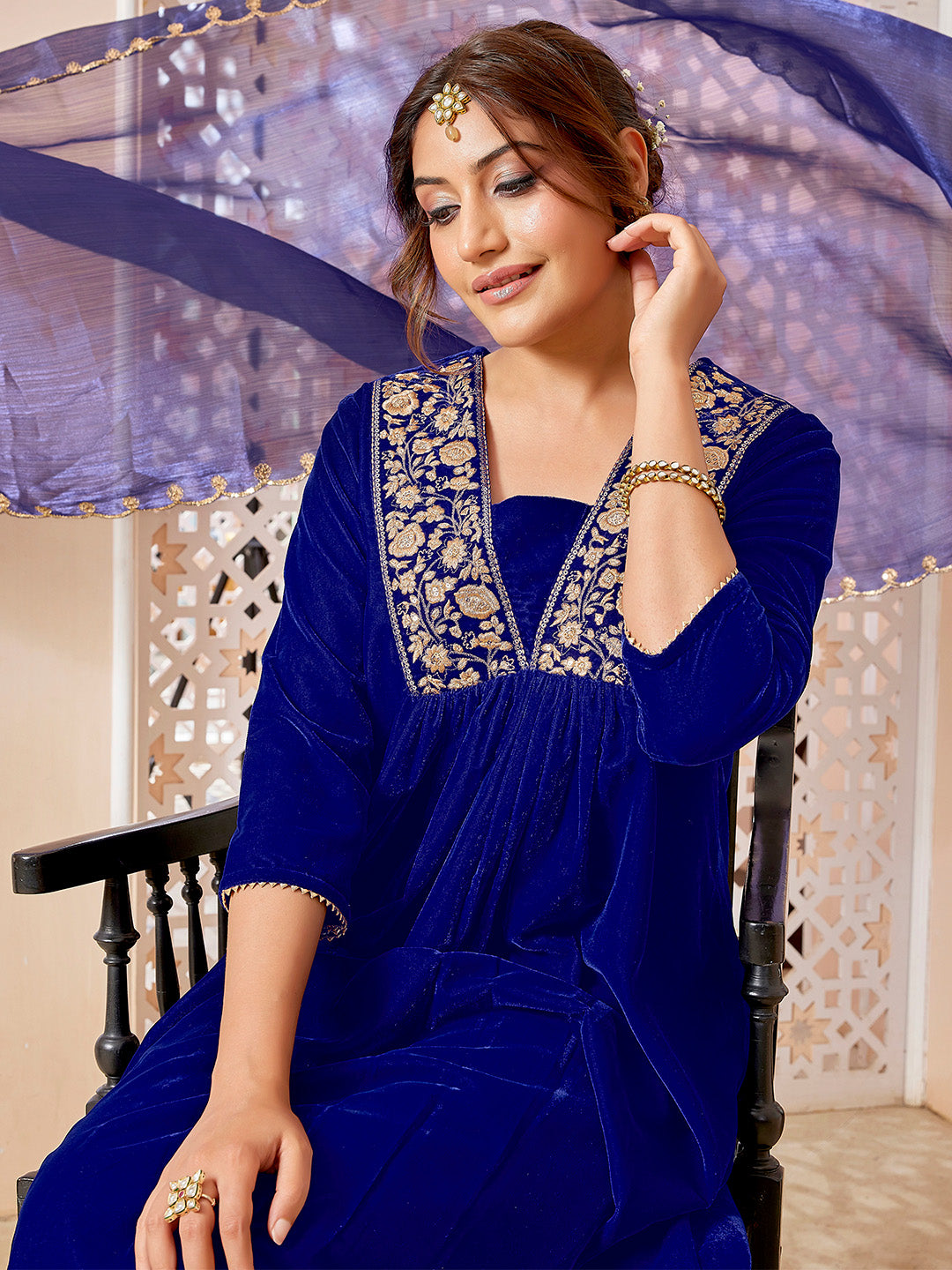 Royal Blue Velvet Zari Embroidered A-Line Kurta with Pant & Dupatta Set