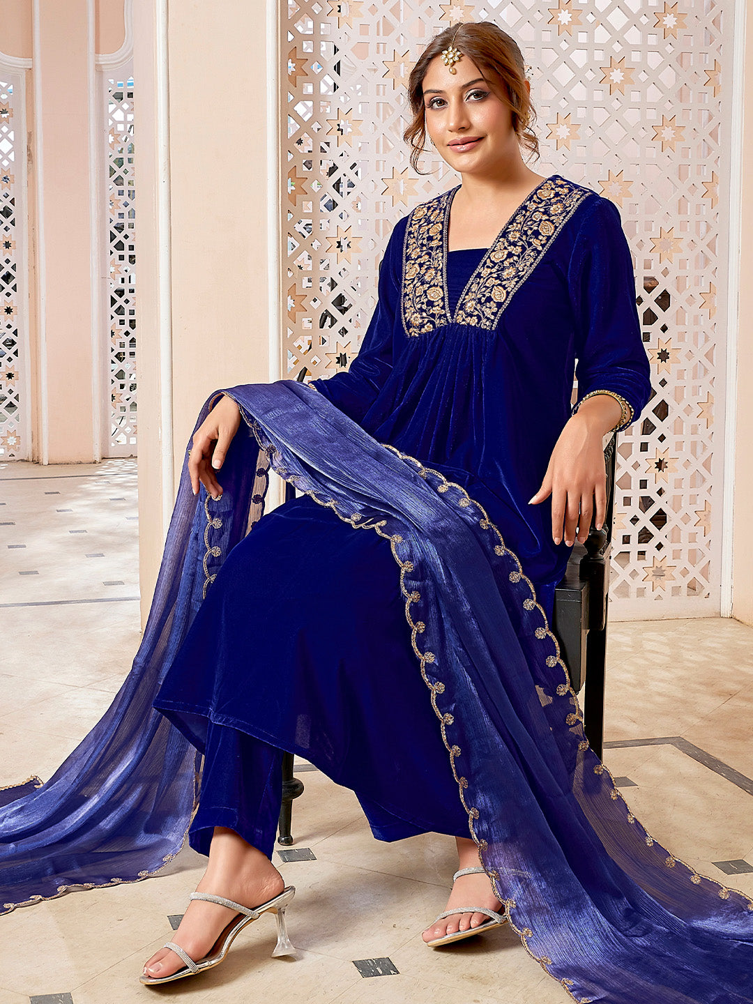 Royal Blue Velvet Zari Embroidered A-Line Kurta with Pant & Dupatta Set