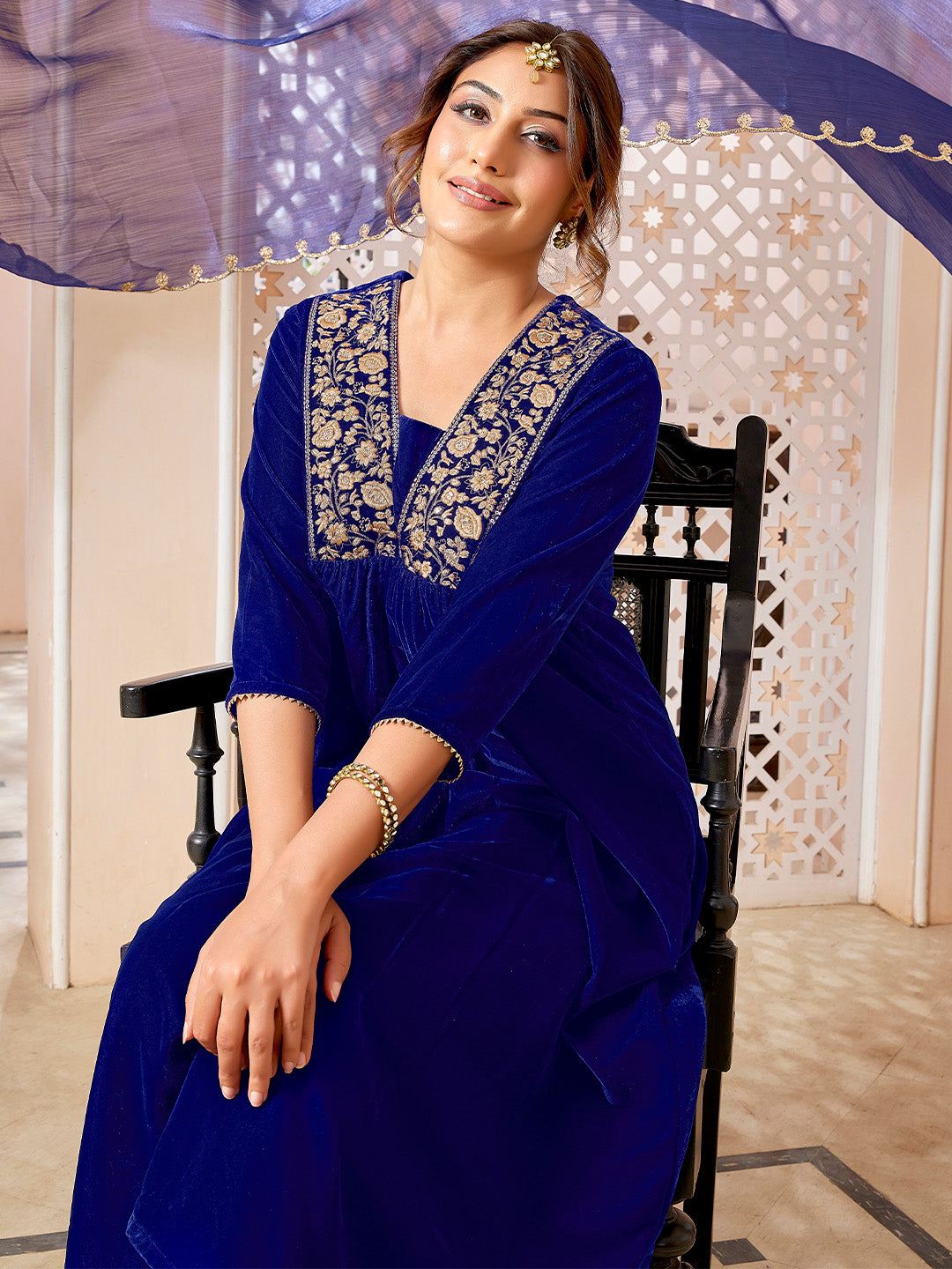 Royal Blue Velvet Zari Embroidered A-Line Kurta with Pant & Dupatta Set