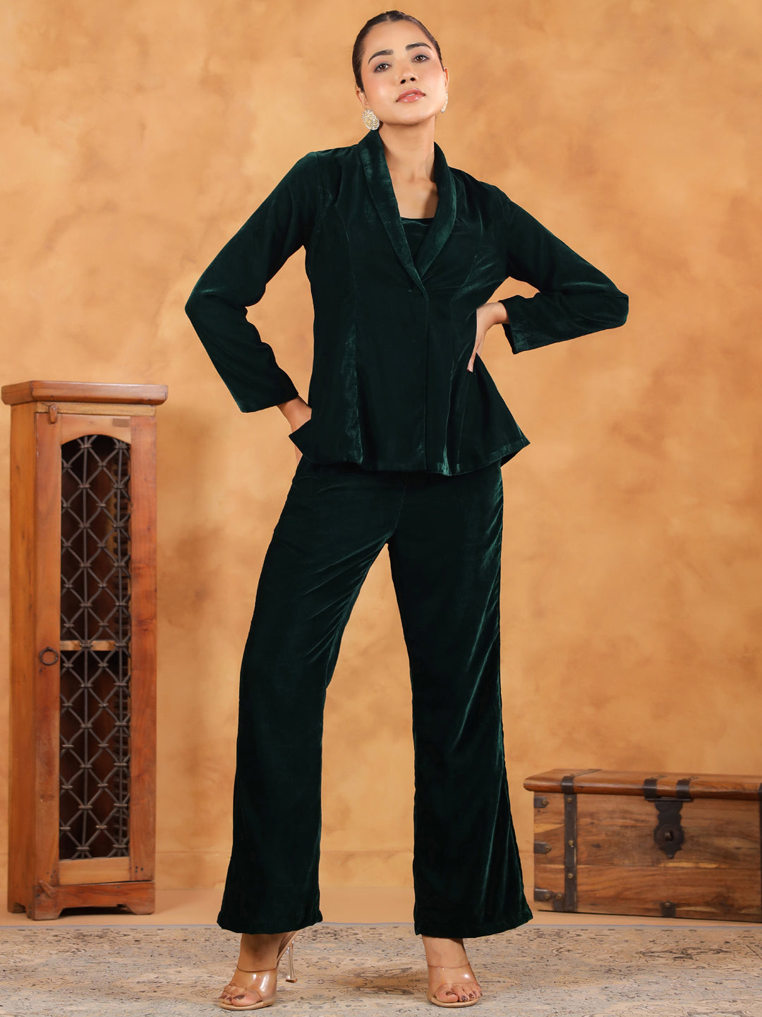 Dark Green Velvet Solid Crop Top with Pant & Jacket Set