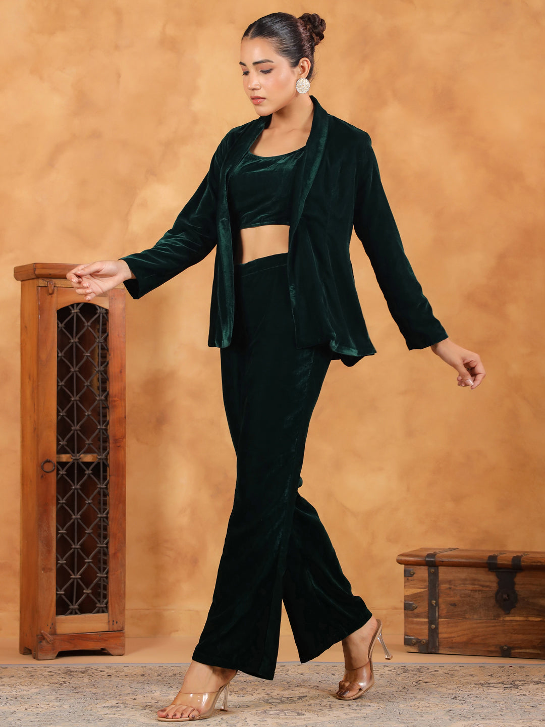 Dark Green Velvet Solid Crop Top with Pant & Jacket Set