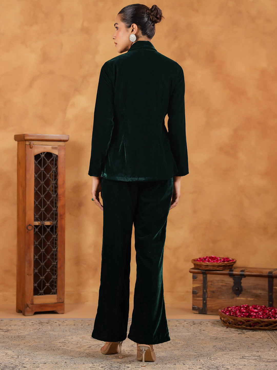 Dark Green Velvet Solid Crop Top with Pant & Jacket Set