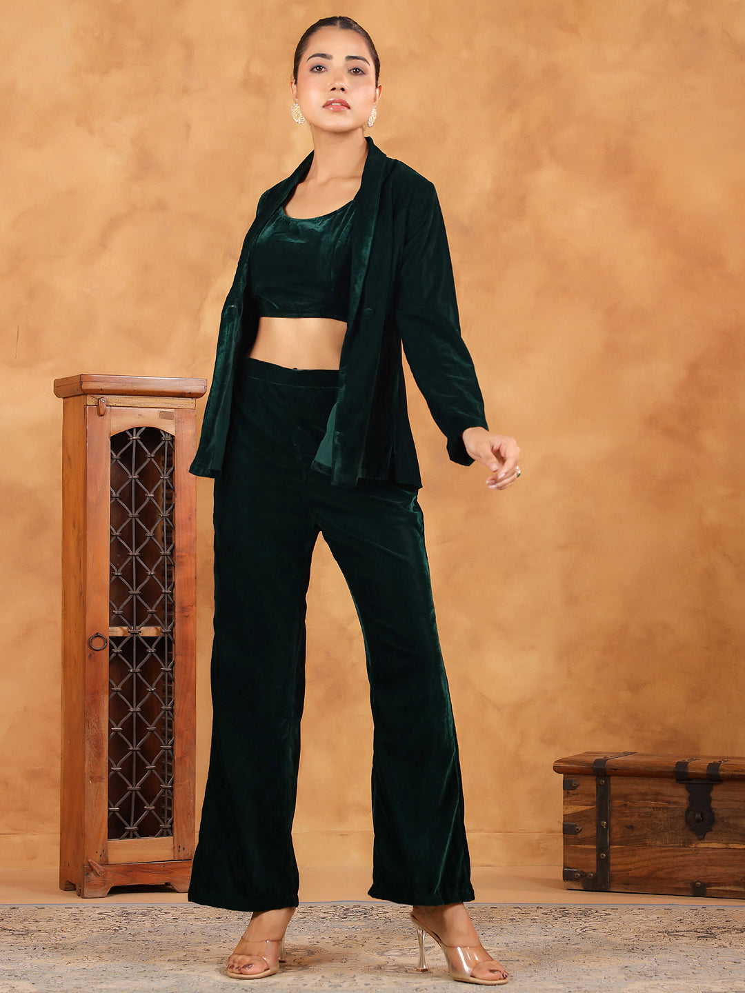 Dark Green Velvet Solid Crop Top with Pant & Jacket Set