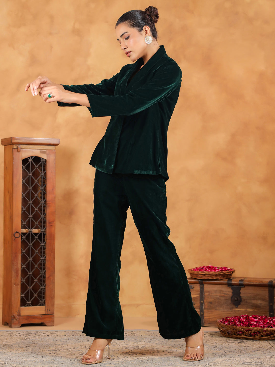 Dark Green Velvet Solid Crop Top with Pant & Jacket Set