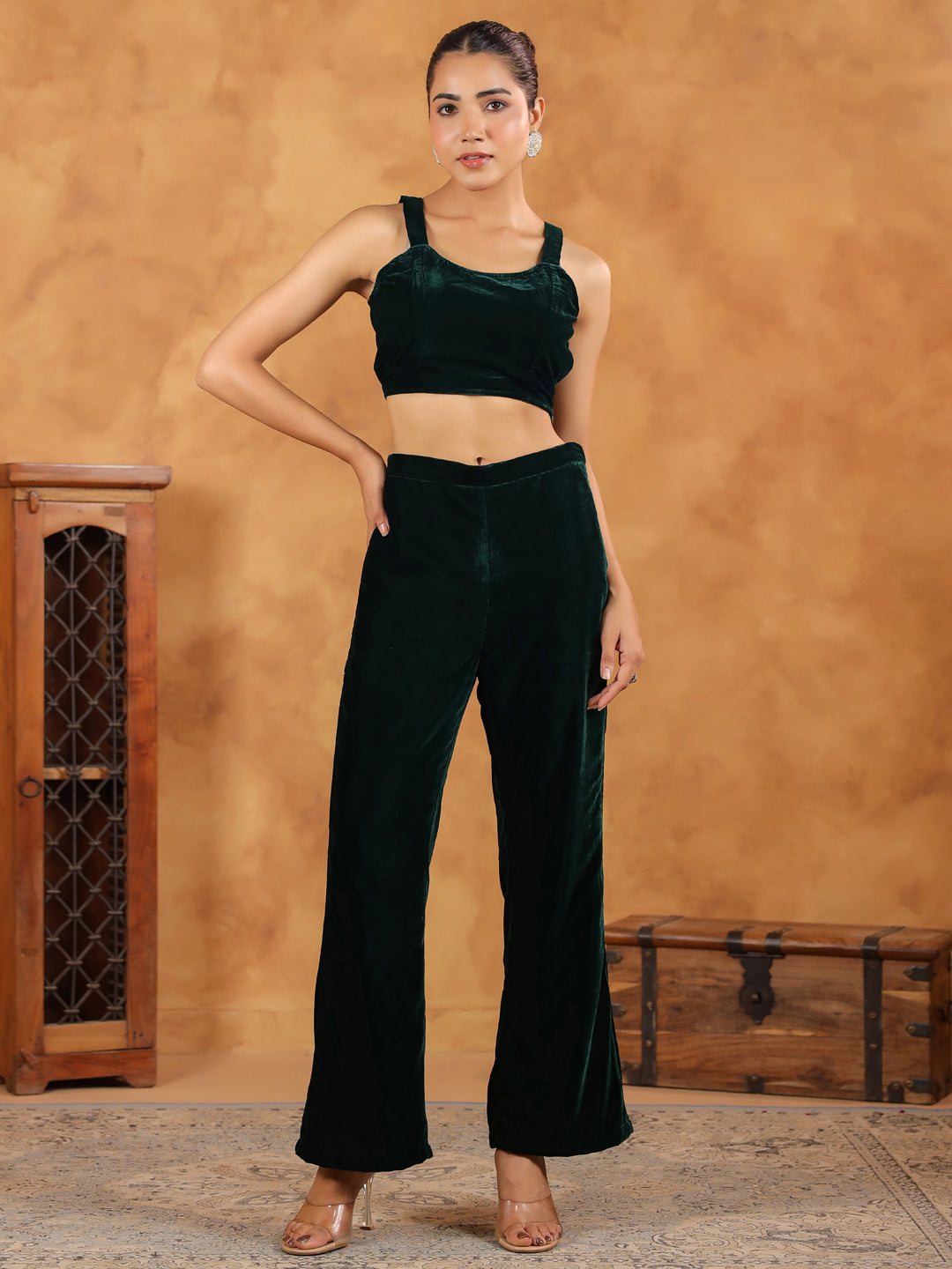 Dark Green Velvet Solid Crop Top with Pant & Jacket Set