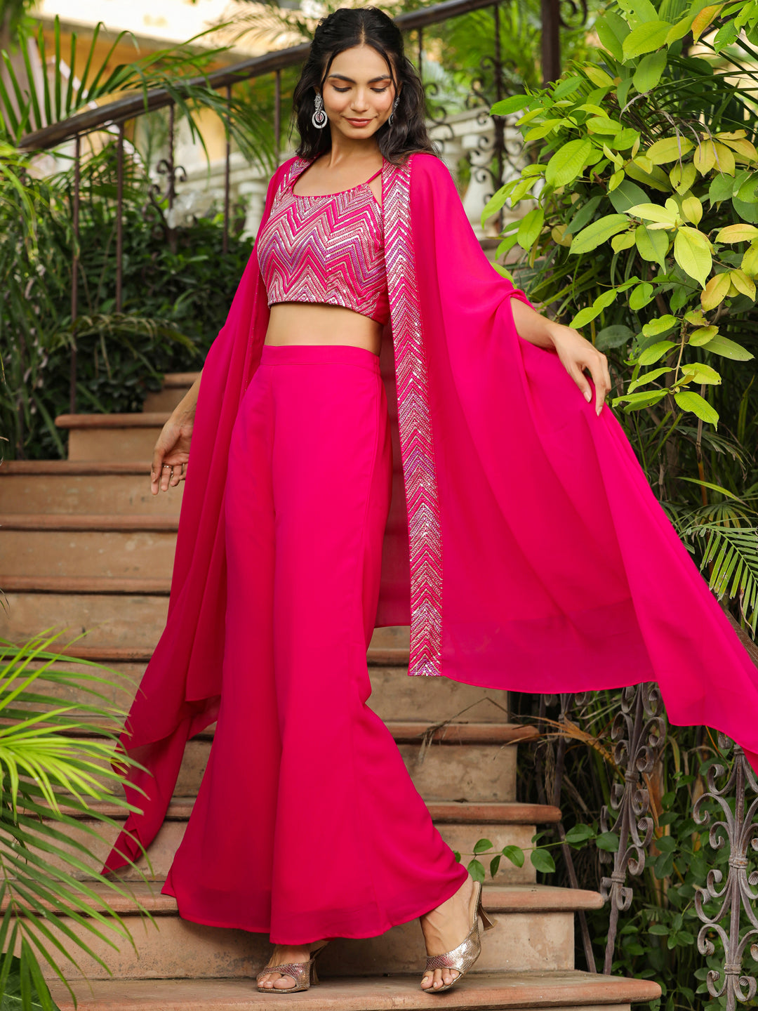 Pink Georgette Embroidered Top With Pant & Cape Set