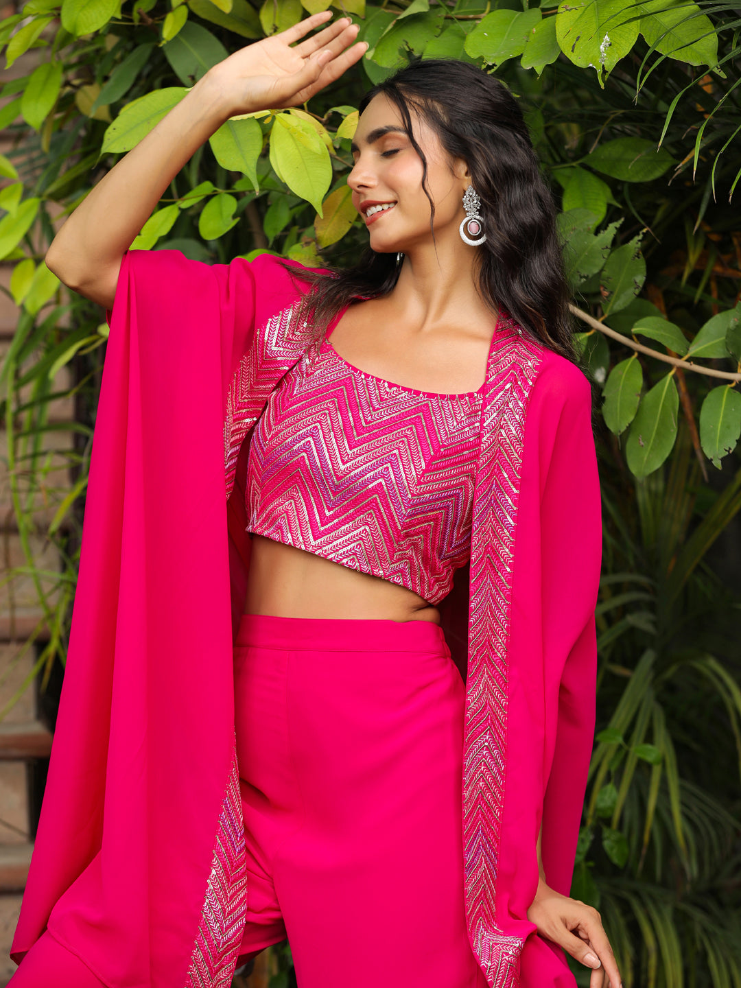 Pink Georgette Embroidered Top With Pant & Cape Set