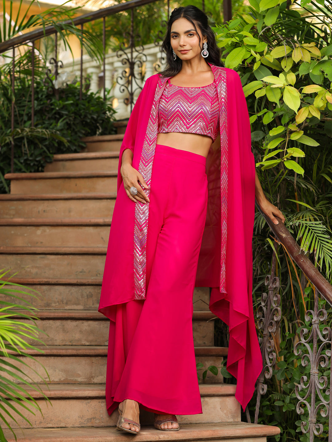 Pink Georgette Embroidered Top With Pant & Cape Set