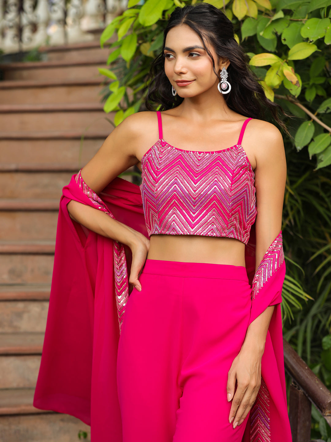 Pink Georgette Embroidered Top With Pant & Cape Set