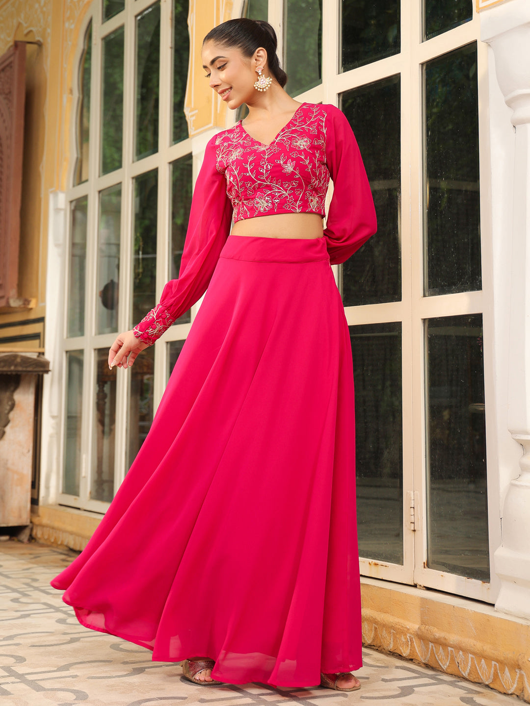 Pink Georgette Embroidered Top With Skirt Set