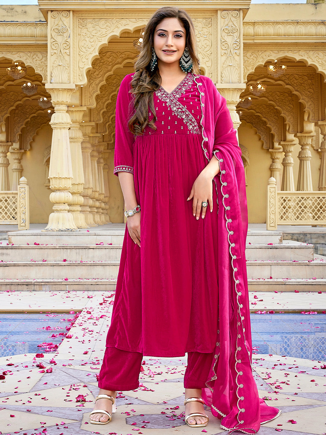 Pink Velvet Zari Embroidered Anarkali Kurta Set