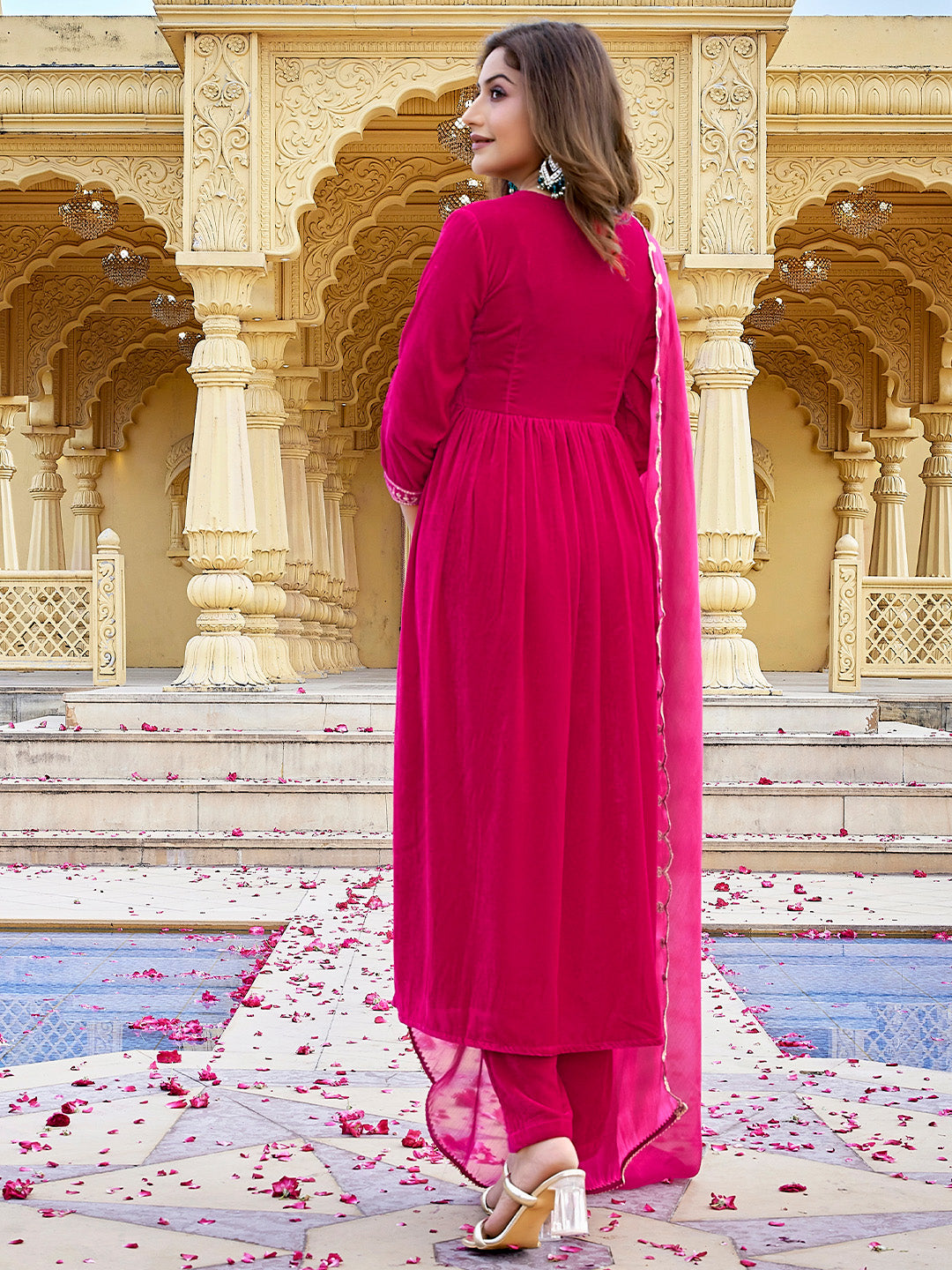 Pink Velvet Zari Embroidered Anarkali Kurta Set