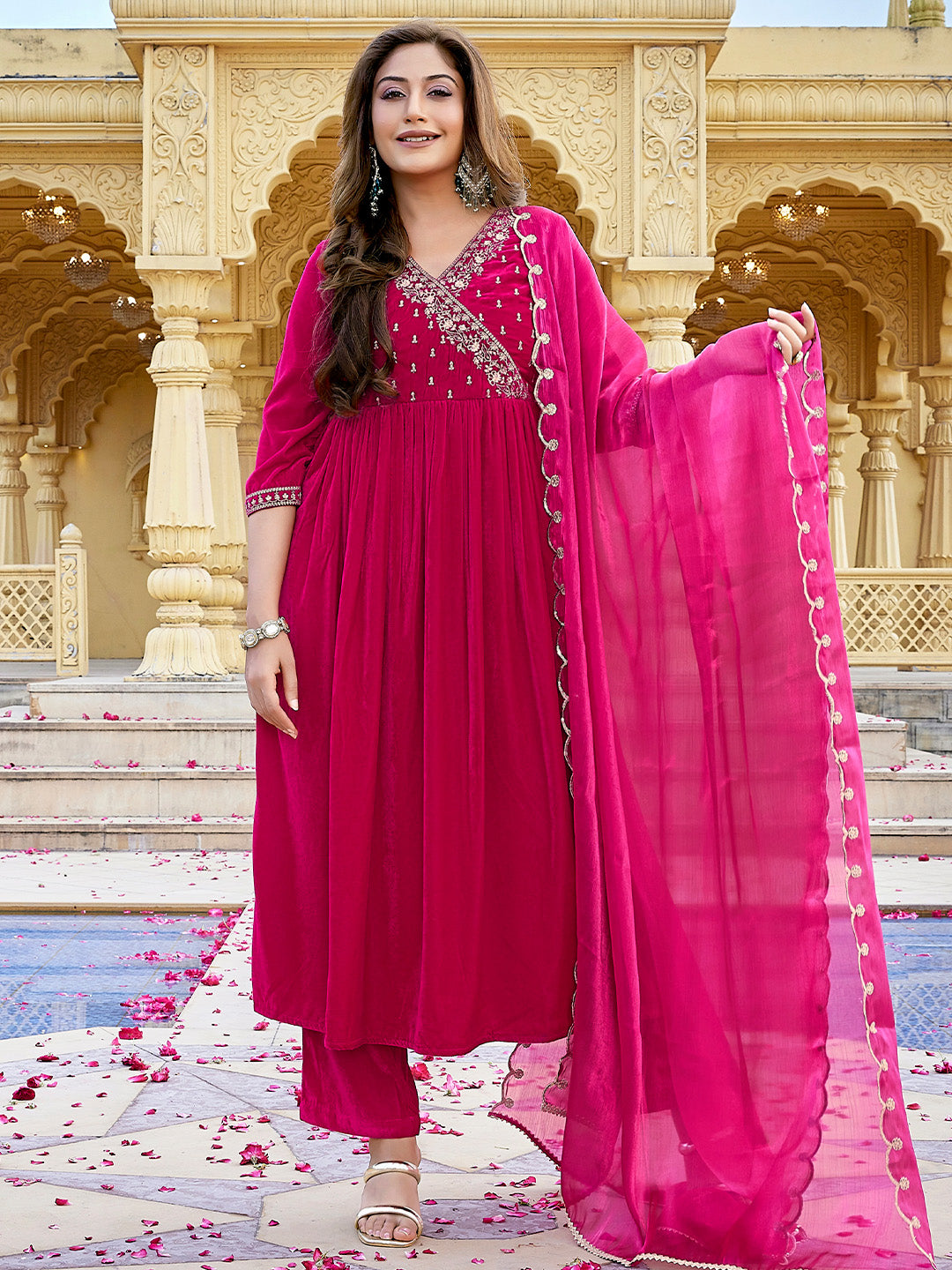 Pink Velvet Zari Embroidered Anarkali Kurta Set